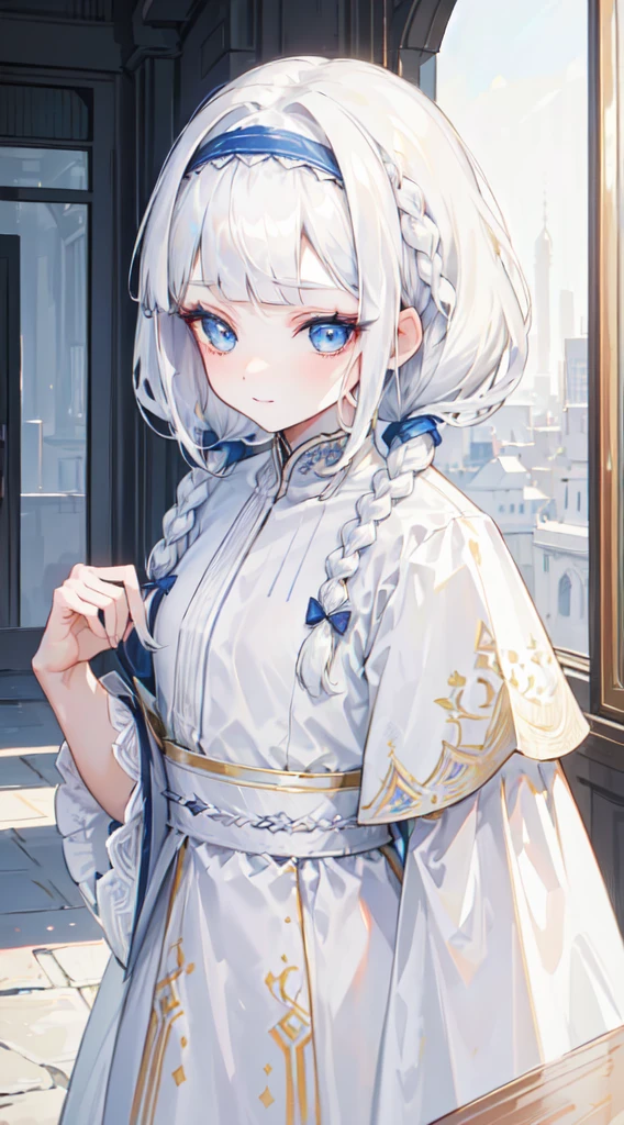 ((thawb)), braid, ((short bangs:1.4)), (white hair), (best quality:1.3), (highres1.3), (clear1.3), (8k:1.3), masterpiece, (detailed:1.1), 1girl, beautiful detailed eyes, beautiful detailed lips, extremely detailed eyes and face, long eyelashes,, blue eyes, shy smile, perfect proportion, face close up,