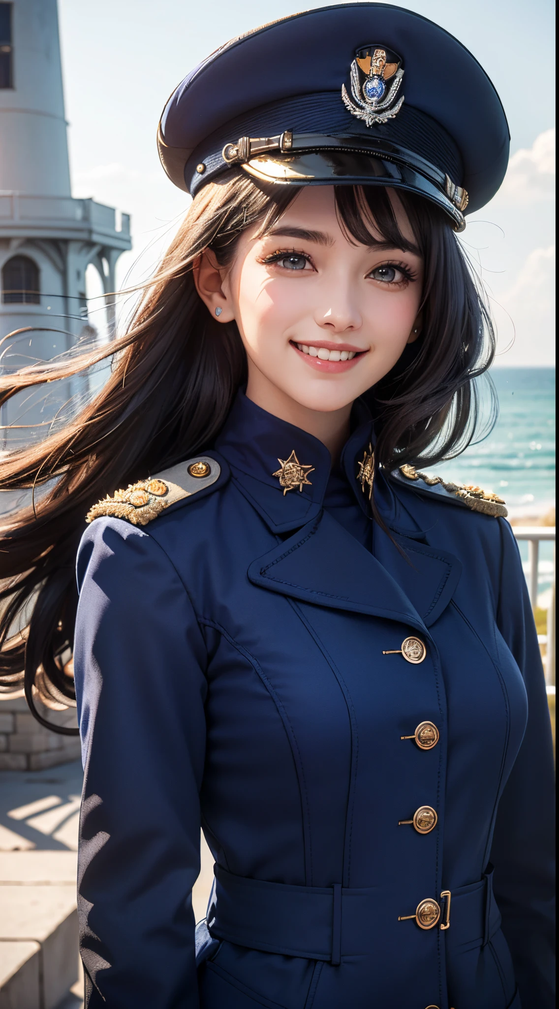 (UHD, retina, masterpiece, ccurate, anatomically correct, textured skin, super detail, high details, high quality, best quality, highres, 1080P, HD, 4K, 8k, 16k), (beautiful detailed eyes, beautiful detailed lips, extremely detailed eyes and face), studio lighting, physically-based rendering, vivid colors, (large breasts, glamorous body), (royal blue color, navy uniform coat:1.5), peaked cap, (portrait, shiny hair, shiny skin, blush, hair blowing in the wind), (composition standing in front of a lighthouse, bokeh), eye reflection, jet black hair, (smile and laugh:1.5),