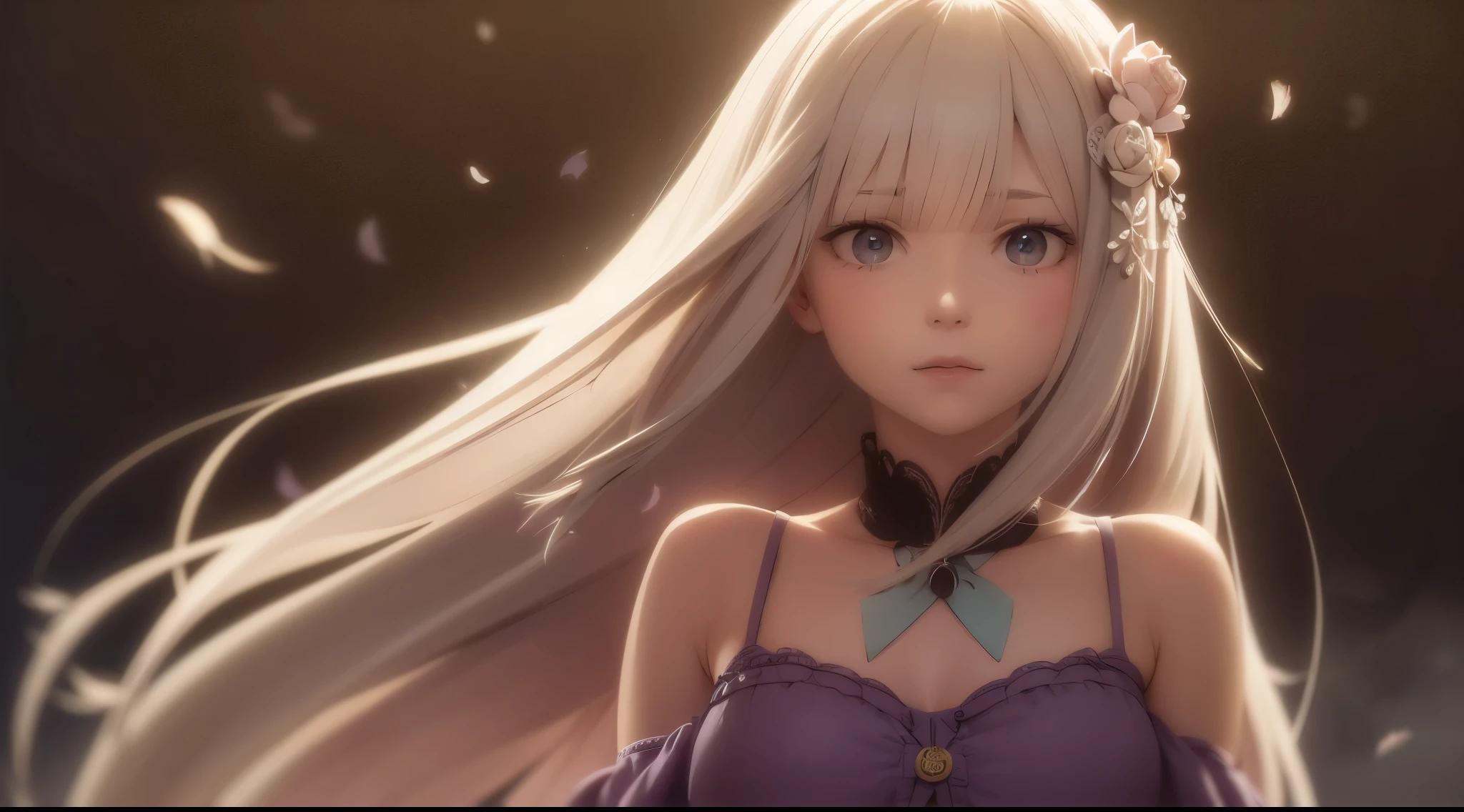 re:zero, medieval town, emilia, gray hair, hair flower, hair fluttering in the wind, masterpiece, amazing, 8k, detailed, black falling feathers