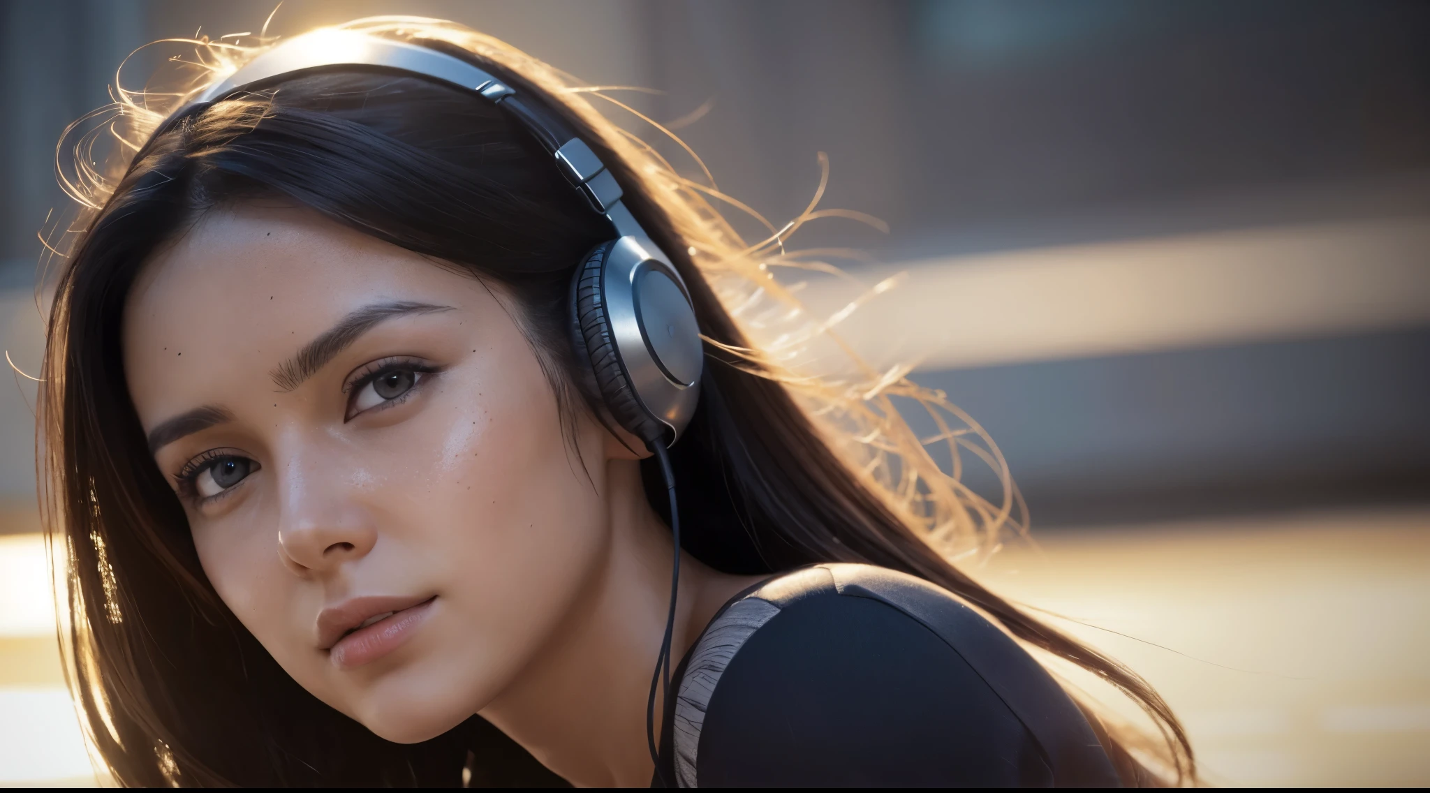 dressed, (photo realistic:1.4), (hyper realistic:1.4), (realistic:1.3), (smoother lighting:1.05), (increase cinematic lighting quality:0.9), 32K, one 20yo girl, realistic lighting, backlighting, light on face, ray trace, (brightening light:1.2), (Increase quality:1.4), (best quality real texture skin:1.4), finely detailed eyes, finely detailed face, finely quality eyes, (tired and sleepy and satisfied:0.0), face closeup, t-shirts with headphones, (Increase body line mood:1.1), (Increase skin texture beauty:1.1)
