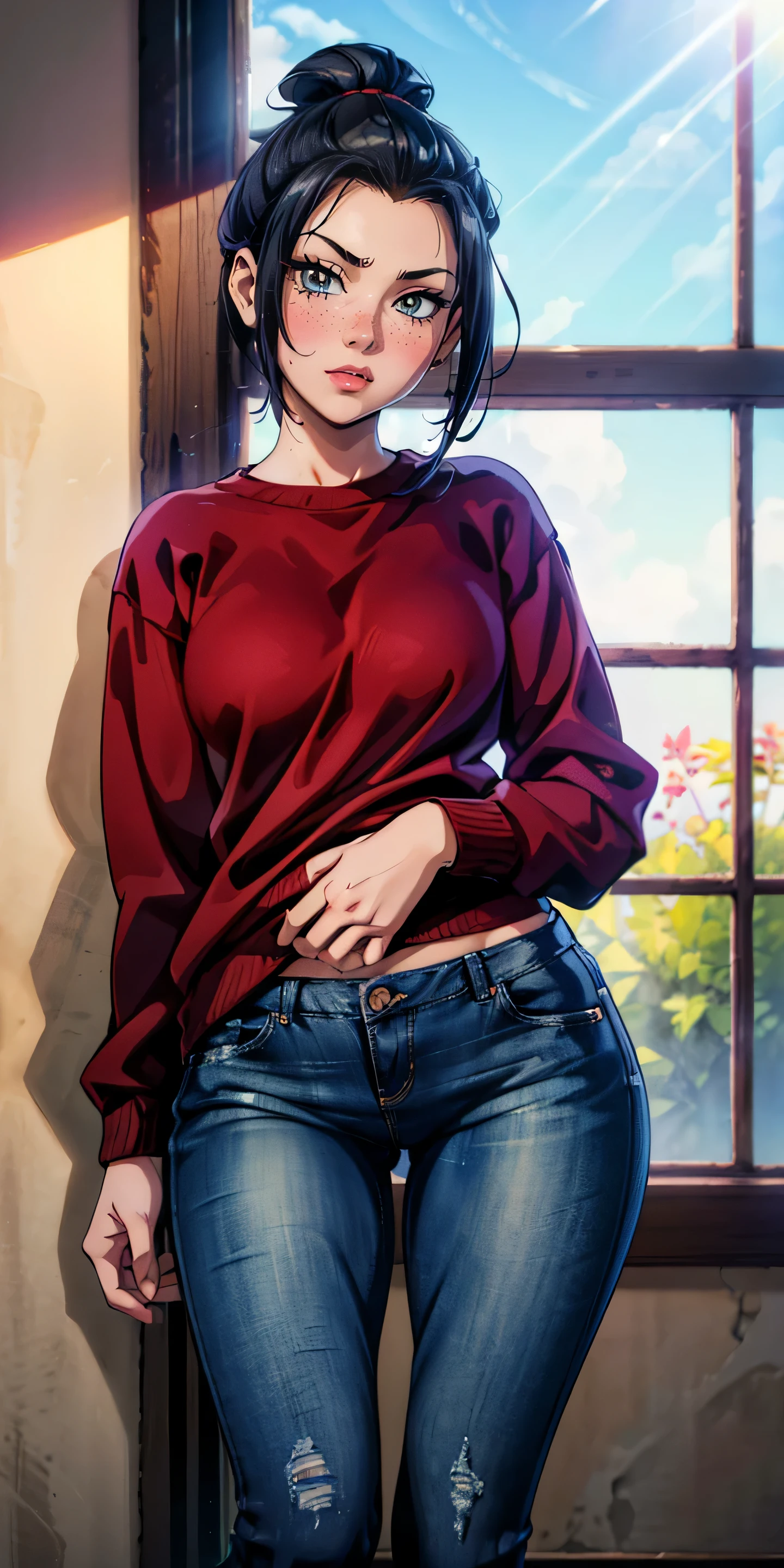 (masterpiece, best quality, highres, high resolution:1.2), detailed, ((anime)), intricate details, Azula, solo, shy, blush, freckles, wearing sweatshirt, panties, highleg panties, standing, (cinematic lighting, sunlight, volumetric), indoors, window, looking at viewer, pubic hair. jeans