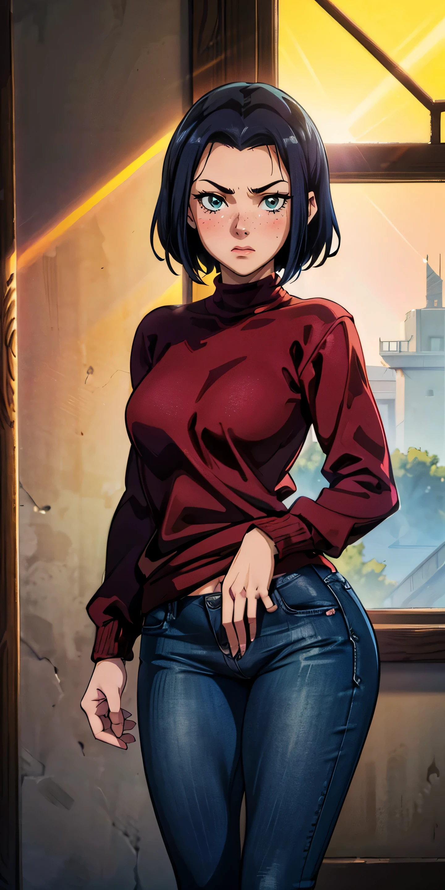 (masterpiece, best quality, highres, high resolution:1.2), detailed, ((anime)), intricate details, Azula, solo, shy, blush, freckles, wearing sweatshirt, panties, highleg panties, standing, (cinematic lighting, sunlight, volumetric), indoors, window, looking at viewer, pubic hair. jeans