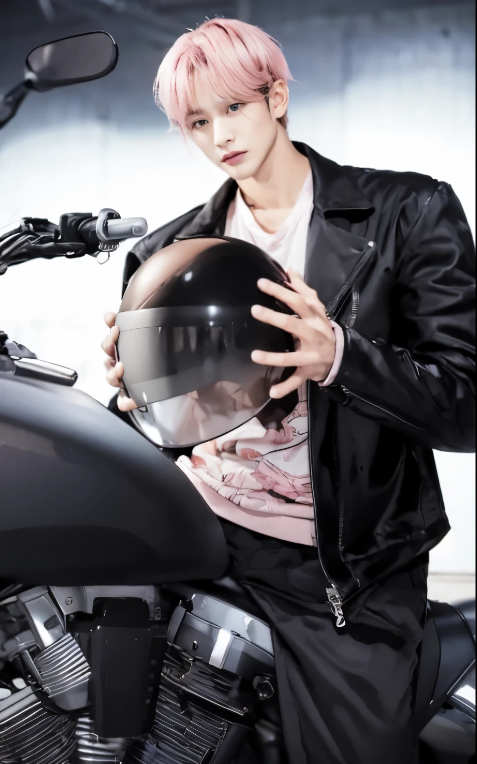 Korean handsome man, on a motorcycle, pink hair