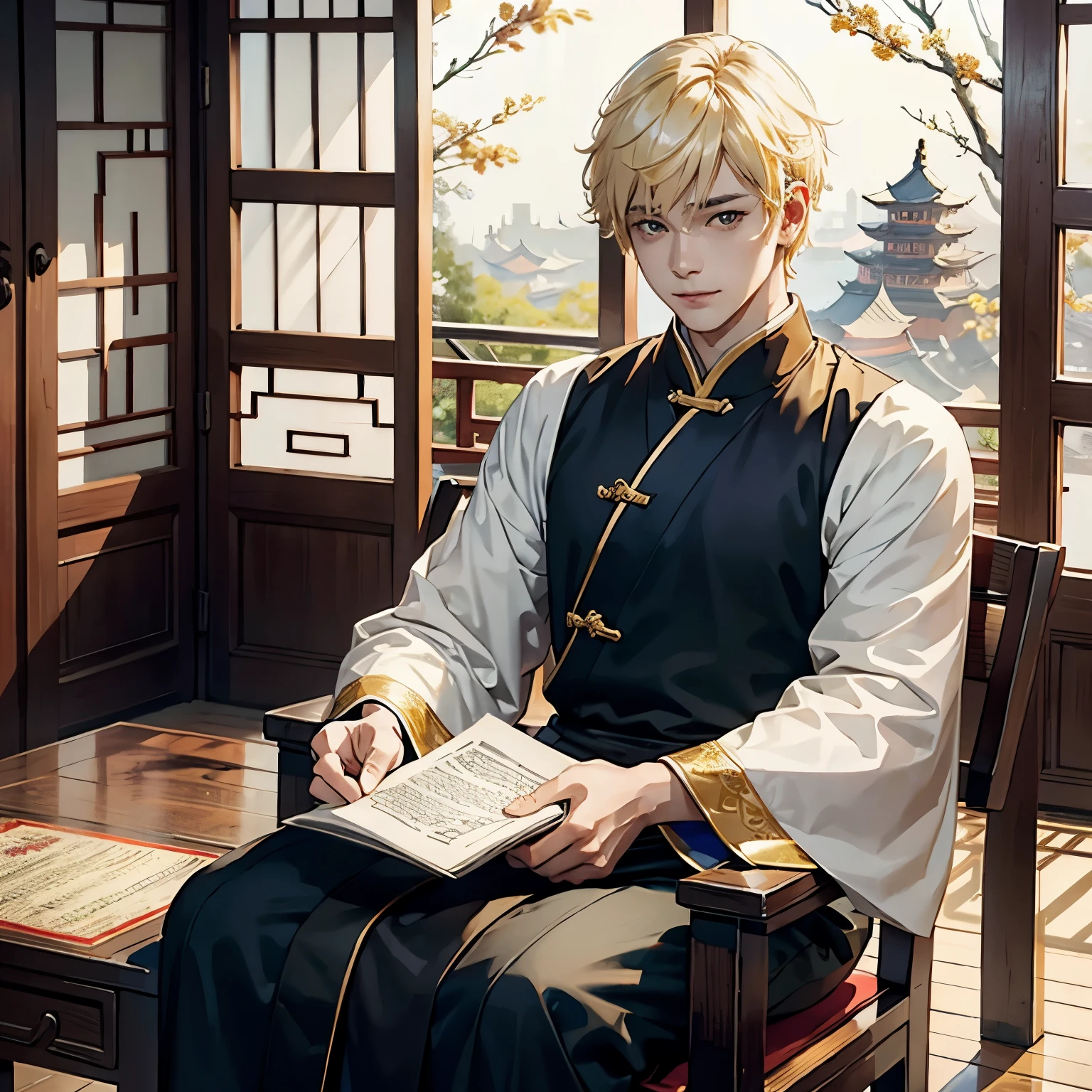 male people，The male，mtobust，8k，A high resolution，tmasterpiece，HighestQuali，level illustration，mtu，Pale yellow hair，light short hair，kind的，ssmile，淡robe，淡robe，Gold accents，Holding a scroll，手里Holding a scroll，robe，Wide sleeves，seated on wooden chair，kind，China-style，China-style背景，Chinese background，Study desk，looking at viewert