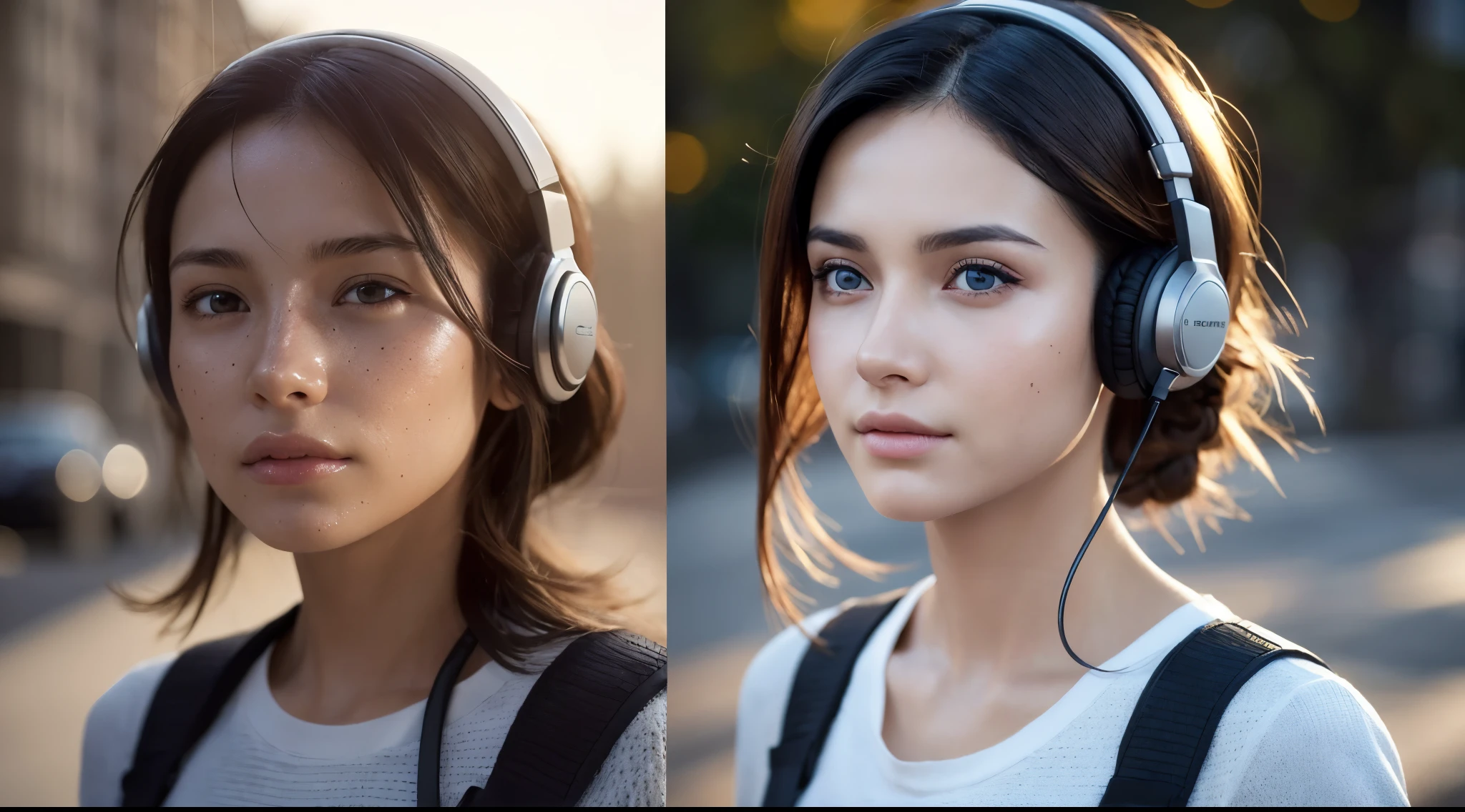 dressed, (photo realistic:1.4), (hyper realistic:1.4), (realistic:1.3), (smoother lighting:1.05), (increase cinematic lighting quality:0.9), 32K, one 20yo girl, realistic lighting, backlighting, light on face, ray trace, (brightening light:1.2), (Increase quality:1.4), (best quality real texture skin:1.4), finely detailed eyes, finely detailed face, finely quality eyes, (tired and sleepy and satisfied:0.0), face closeup, t-shirts with headphones, (Increase body line mood:1.1), (Increase skin texture beauty:1.1)