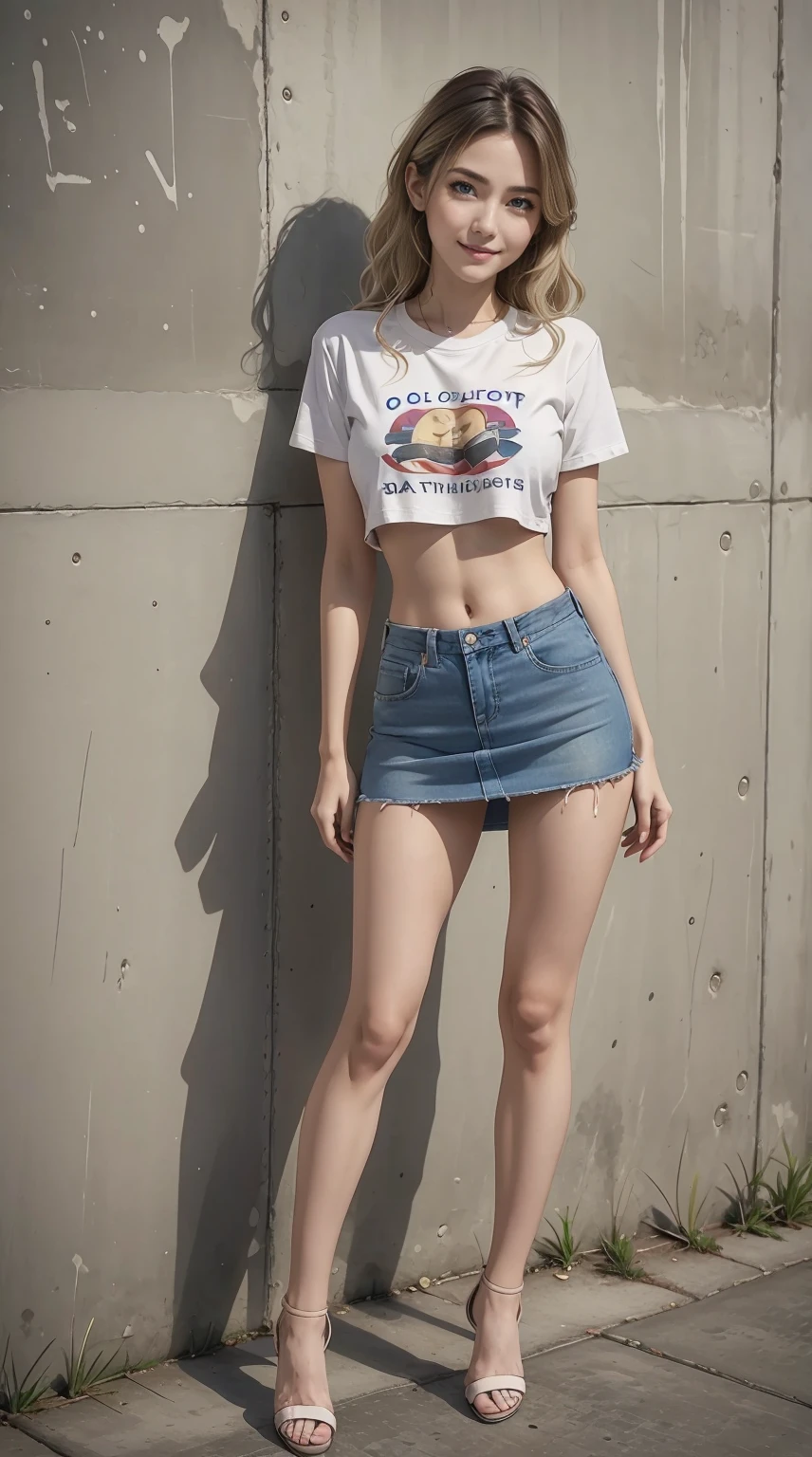 24-year-old Caucasian woman、Hair color is dark blonde、Hair is wavy、Eye color is blue、Longhaire、A slender、a smile、Beautiful breasts、My abs are cracked、I can see the navel、She is wearing a T-shirt that shows her underboob、I'm wearing a miniskirt、Wearing a jacket、I'm wearing pin heels、Standing against an old concrete wall、、a smile