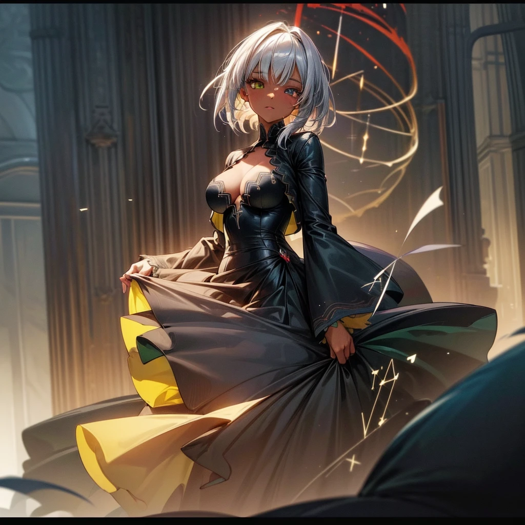 (((masterpiece))), (((best quality))), ((8k)), ((ultradated)), (1 dark-skinned human female: 1.2), (white hair 1.3), (( (Heterochromia, in the eyes, red and yellow: 1.2))),(((Official art, masterpiece, ultra-detailed))), (((best quality: 1.2, intricate details, ultra-detailed) high: 1.2))), (sexy body 1.1), ((Tattoo on body 1.2, magic runes)), dress, at the ball, dress with cleavage, ballroom, elegant photo, noble atmosphere, cinematic shot , natural light, light particles,