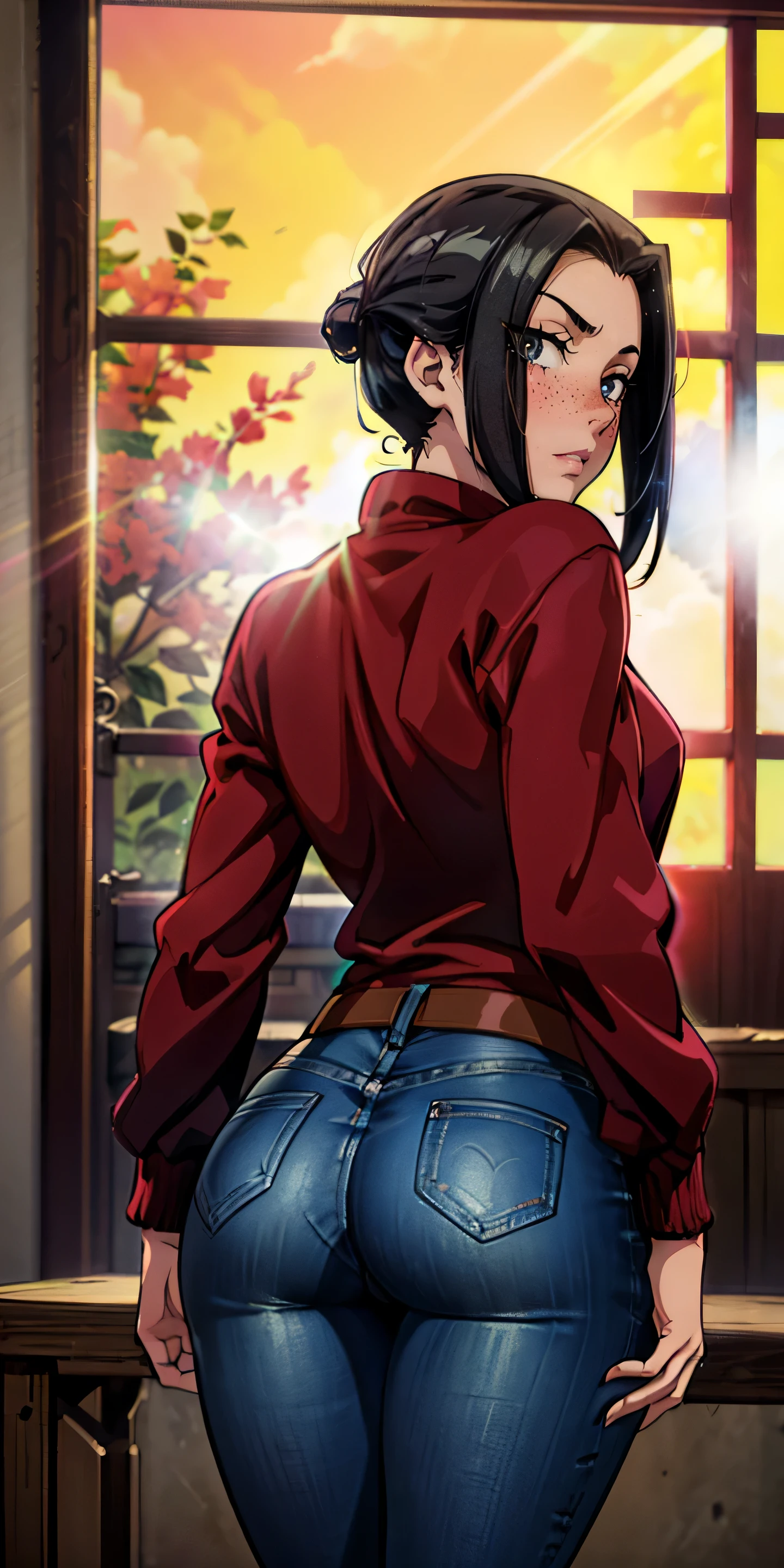 (masterpiece, best quality, highres, high resolution:1.2), detailed, ((anime)), Azula, solo, shy, blush, freckles, wearing sweatshirt, panties, highleg panties, standing, (cinematic lighting, sunlight, volumetric), indoors, window, looking at viewer, pubic hair. jeans, from behind