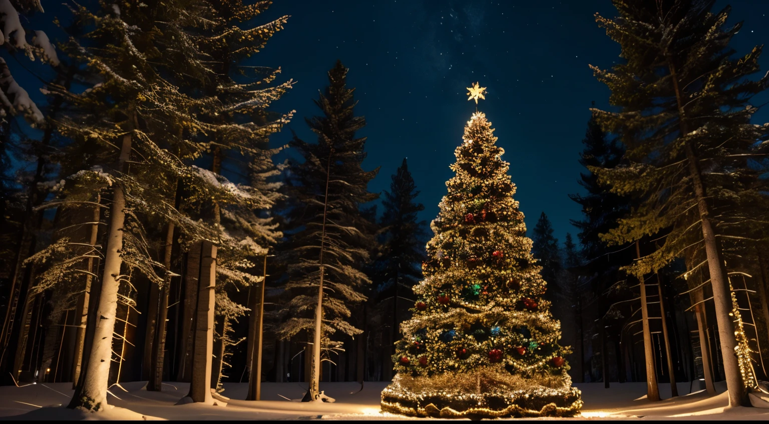 christmas tree, in the woods, snow, north star, night, christmas lights, festive