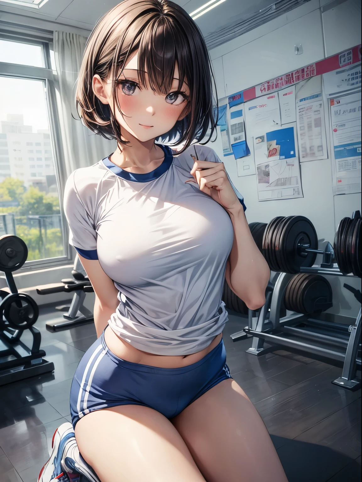 top-quality、Full limbs、complete fingers、Slender beauty、1人の女性、Woman with dark hair、Women with straight hair、Shorthair woman、Beauty busty woman、((White short-sleeved gym uniform that covers the upper body))、((Dark blue bloomers))、sexypose、A big smile、‎Classroom、desk、a chair、Kneeling