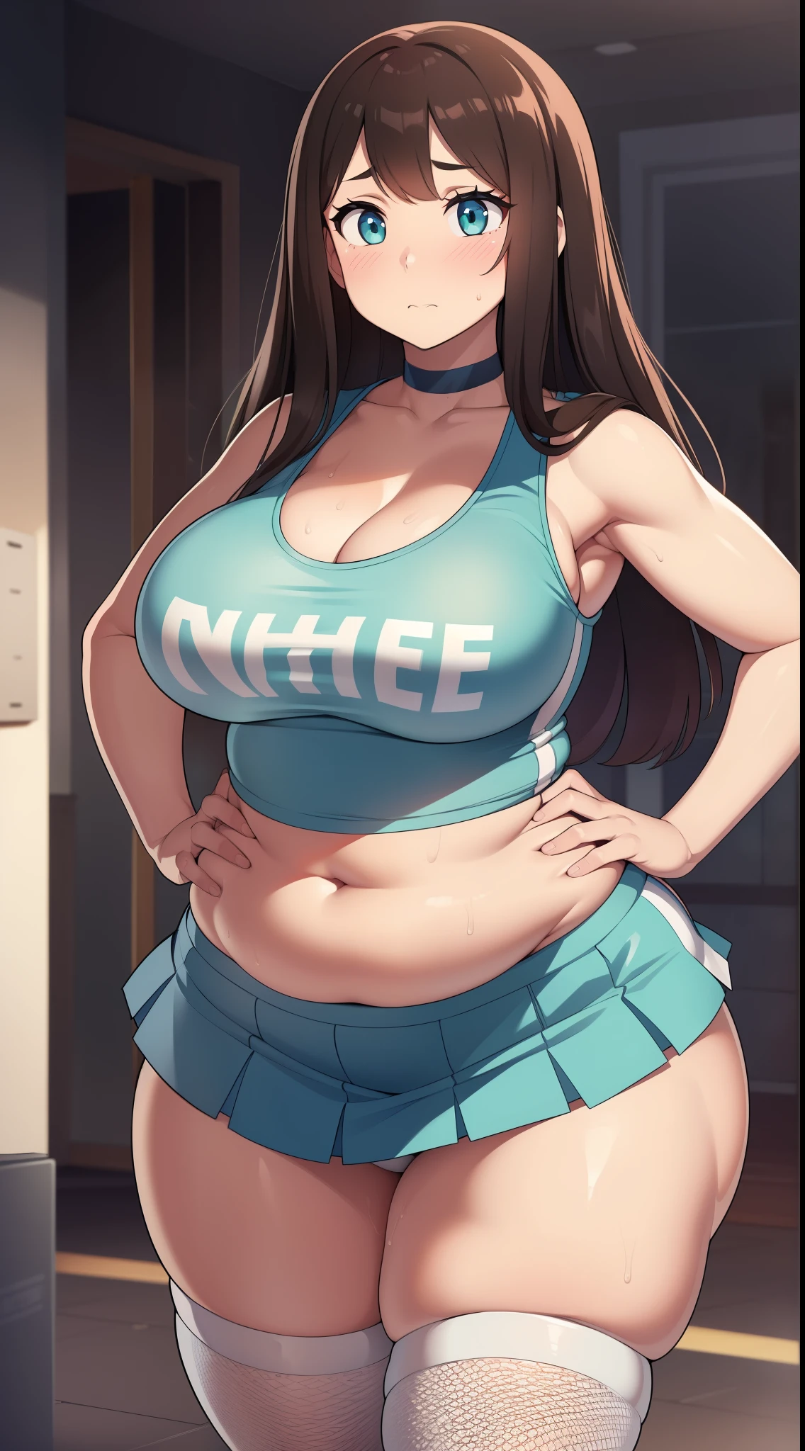 ((Masterpiece)), perfect anatomy, perfect shading, field of depth, (best quality), extremely delicate and beautiful, perfect lighting, detailed face, ultra cute face, cute, (cowboy shot 1.2), looking at viewer, full body, (((1girl))), (((solo))), cheerleader
long hair, fluffy hair, brown hair, green eyes, ((blush))), embarrassed, worried, (cheerleader uniform), (blue and white tank top 1.2), (short section skirt 1.2), thigh highs, chocker, extremely tight clothes, large breasts, cleavage, perky breasts, (((wide hips))), ((thick thighs)), ((big butt)), ((plump)), chubby belly, fat rolls, belly hang, she has a jiggly belly,
School gym, intricate background, detailed background, sweaty, out of breath, hands on hip