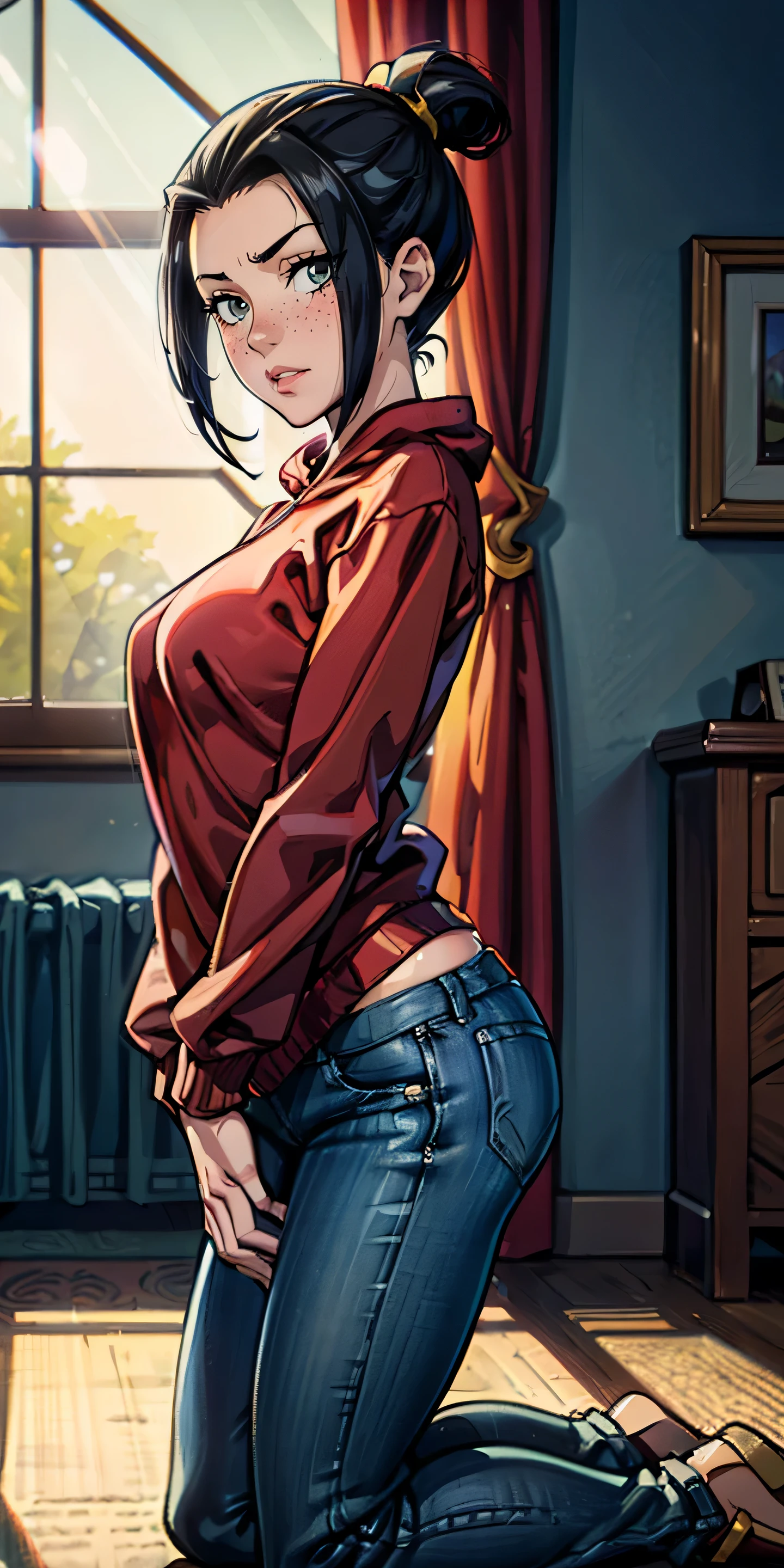 (masterpiece, best quality, highres, high resolution:1.2), detailed, ((anime)), Azula, solo, shy, blush, freckles, wearing sweatshirt, panties, highleg panties, standing, (cinematic lighting, sunlight, volumetric), indoors, window, looking at viewer, pubic hair. jeans, from the side, kneeling, (hands on the floor)