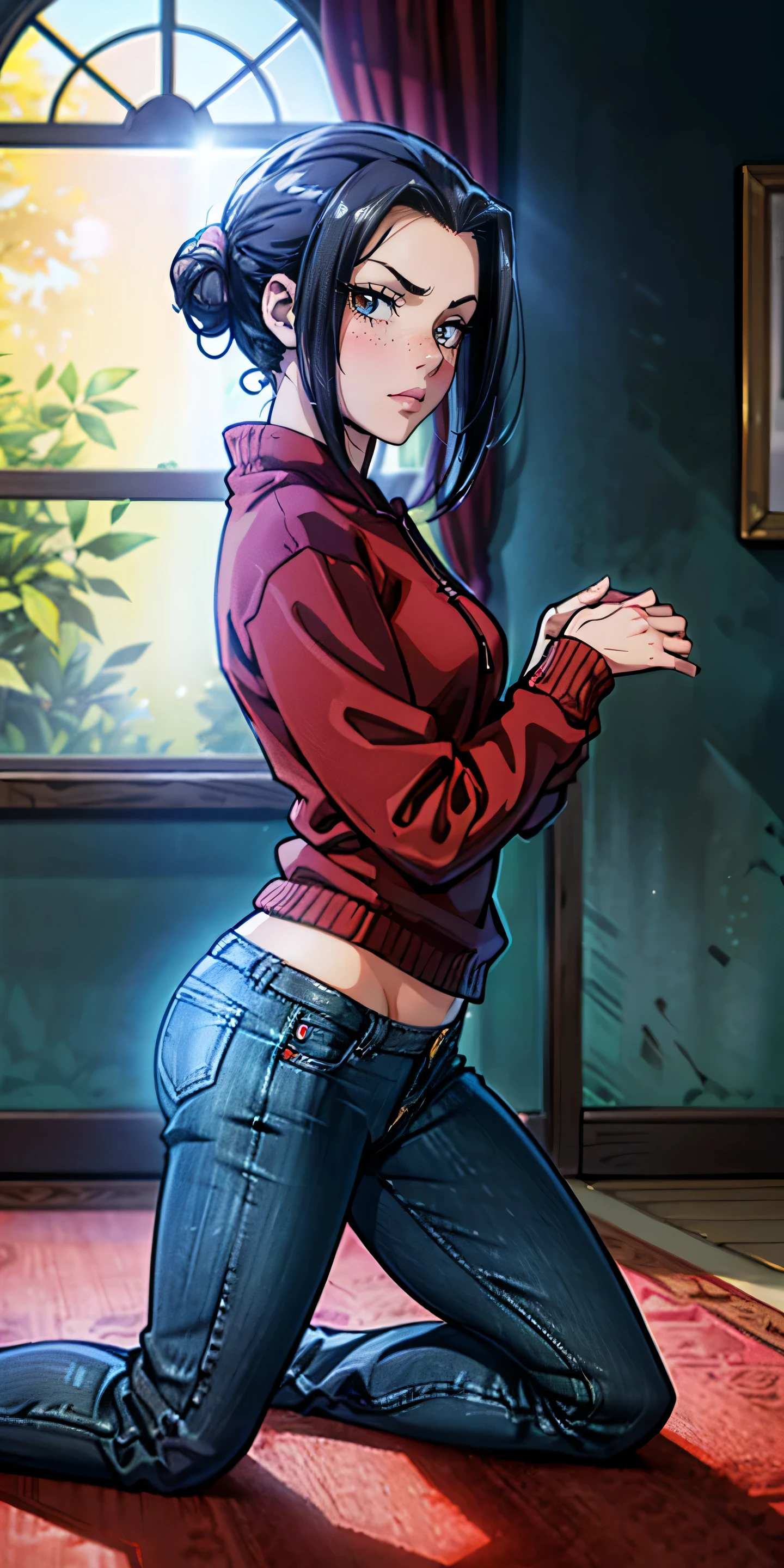 (masterpiece, best quality, highres, high resolution:1.2), detailed, ((anime)), Azula, solo, shy, blush, freckles, wearing sweatshirt, panties, highleg panties, standing, (cinematic lighting, sunlight, volumetric), indoors, window, looking at viewer, pubic hair. jeans, from the side, kneeling, (hands on the floor)