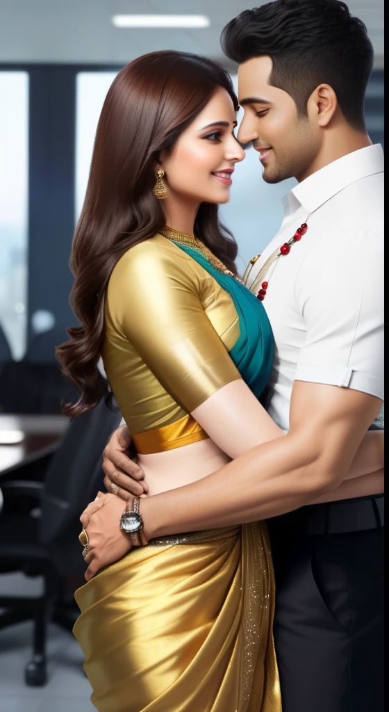 1 muscular very hary, handsome and attractive African man with sexy Indian married woman bit chubby wearing a saree with golden metallic blouse, the saree is wet. Both are hugging pose. The woman is tanding on the left side of the man. In office. Hyper realistic image detail image. woman standing on left of the man with her navel visible