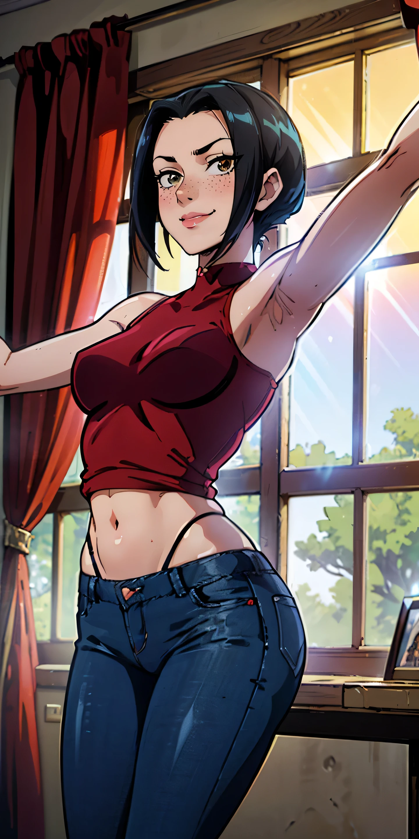 (masterpiece, best quality, highres, high resolution:1.2), detailed, ((anime)), Azula, solo, shy, blush, freckles, wearing sweatshirt, panties, highleg panties, standing, (cinematic lighting, sunlight, volumetric), indoors, window, pubic hair, smiling, (relaxed), red jeans, armpits, facing th e camera , ((looking at the horizon))