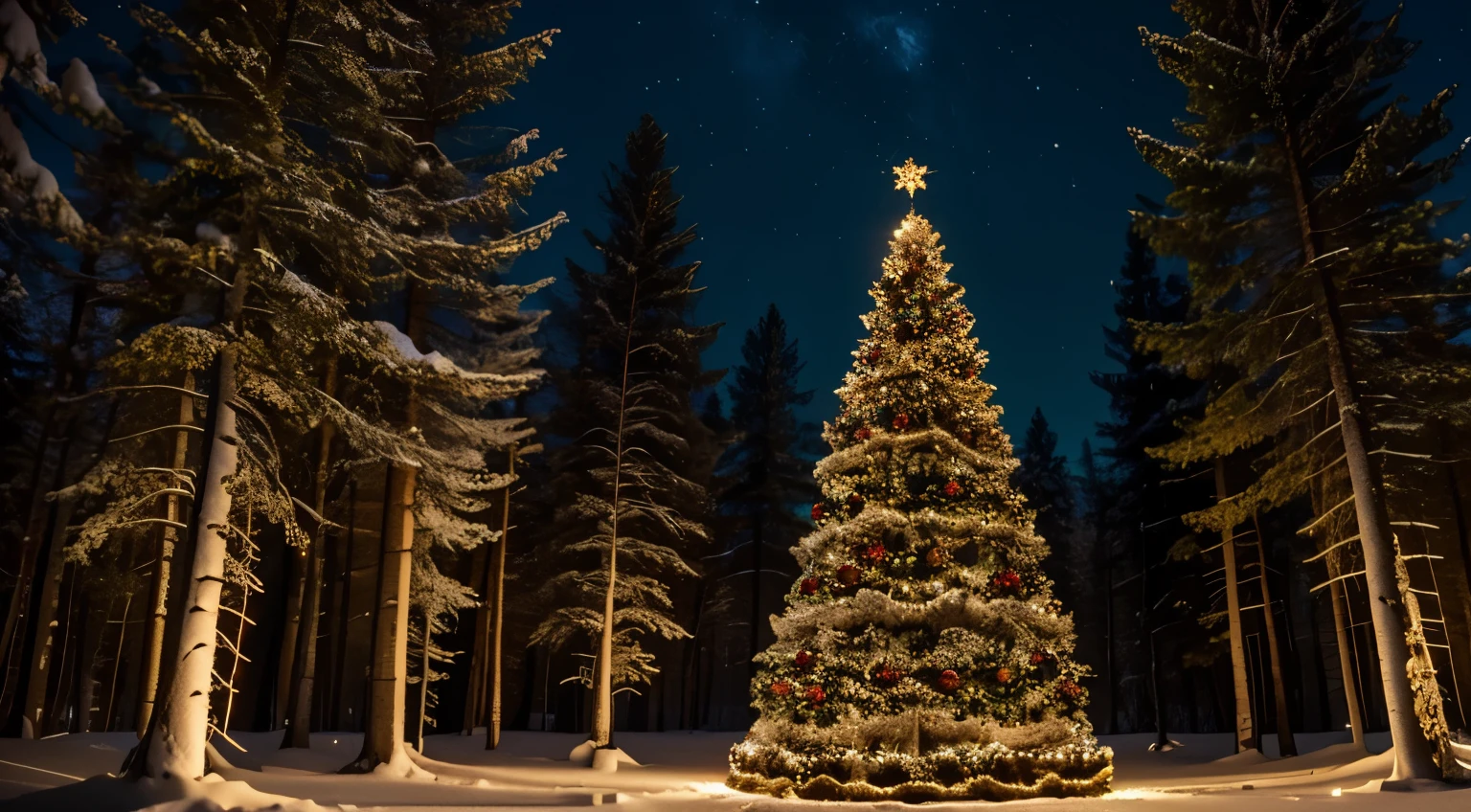 christmas tree, in the woods, snow, north star, night, christmas lights, festive