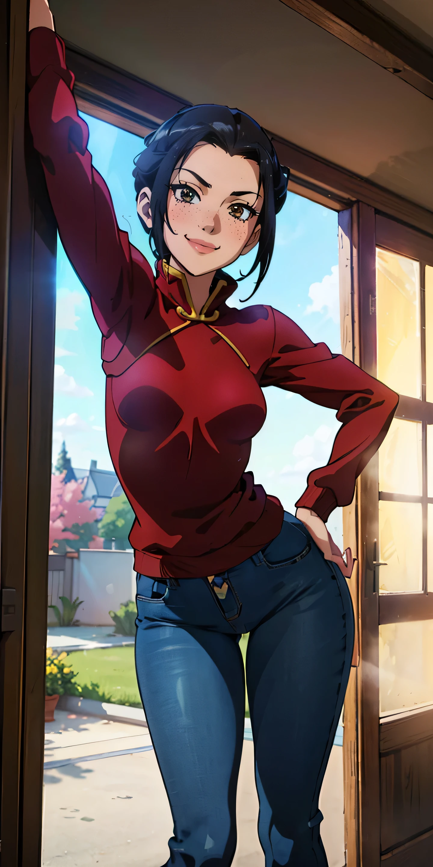 (masterpiece, best quality, highres, high resolution:1.2), detailed, ((anime)), Azula, solo, shy, blush, freckles, wearing sweatshirt, panties, highleg panties, standing, (cinematic lighting, sunlight, volumetric), indoors, window, pubic hair, smiling, (relaxed), red jeans, armpits, facing th e camera , ((looking at the horizon))