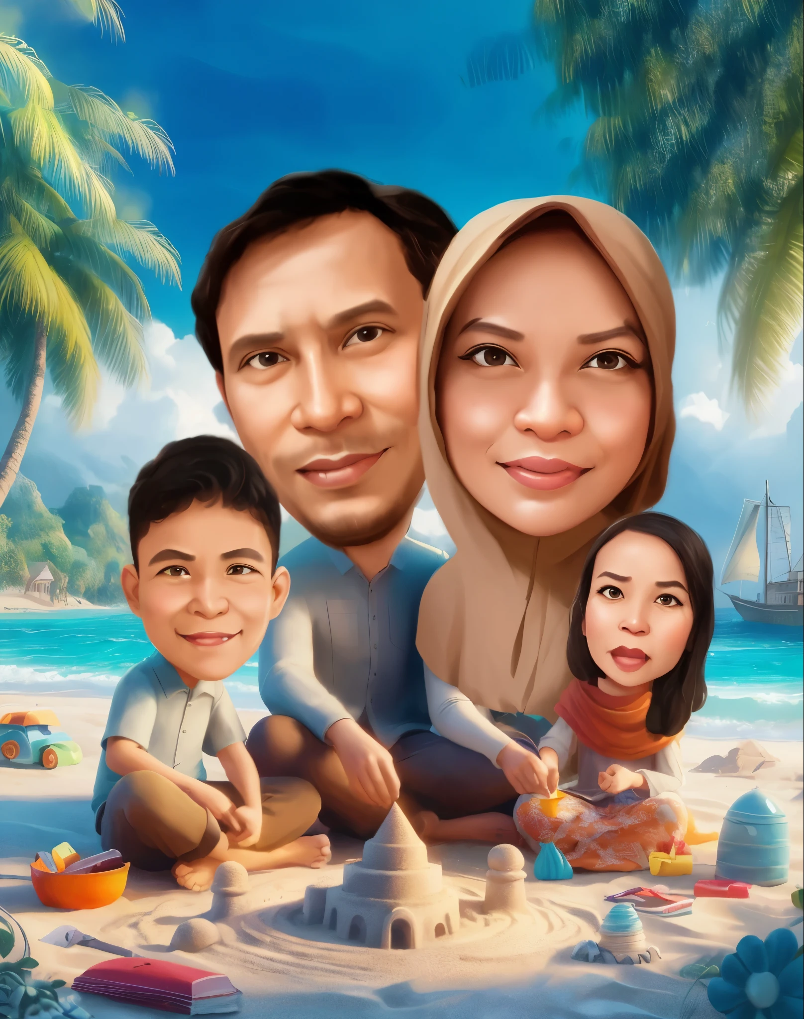 arafed family on the beach with sand castle and toys, caricature illustration, an indonesian family portrait, Mother wears the hijab, everyone laughs happily, cheerfully, cinematic lighting, digital art cartoon, cartoon portrait, cartoon digital painting, in cartoon style, cartoon digital art, cartoon artstyle, digital cartoon painting art, happy family, cartoon art, family portrait, potrait, realistic cartoon, caricature style, cartoon art style, cartoon style illustration