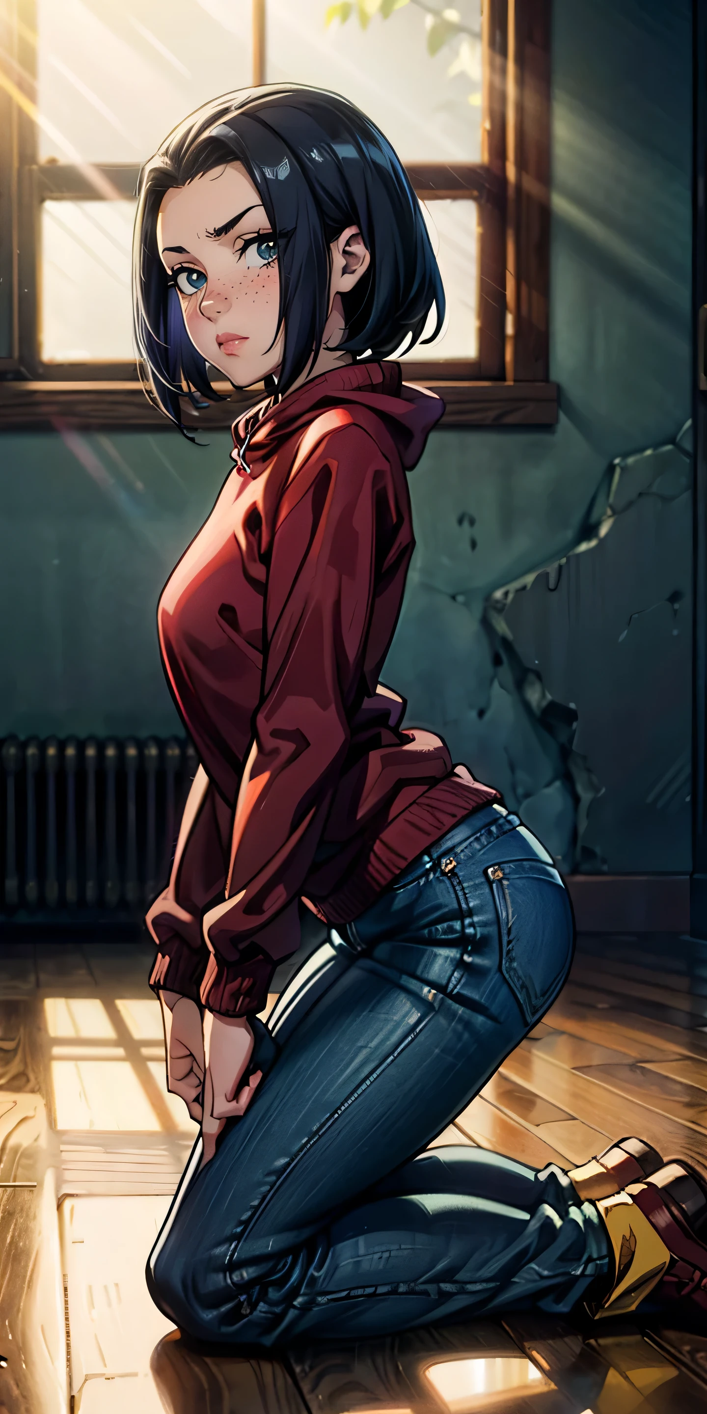 (masterpiece, best quality, highres, high resolution:1.2), detailed, ((anime)), Azula, solo, shy, blush, freckles, wearing sweatshirt, panties, highleg panties, standing, (cinematic lighting, sunlight, volumetric), indoors, window, looking at viewer, pubic hair. jeans, from the side, kneeling, ((hands on the floor)), ((crawling)), ((touching the floor))