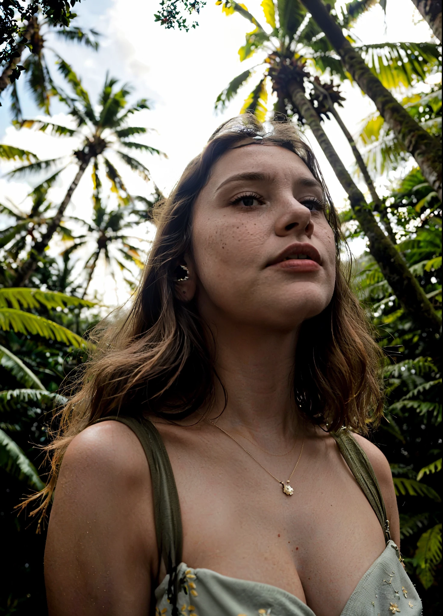 ainda de um filme, 22yo mulher em uma floresta, looking up at the sky, roupas camponesas medievais, sorrir, textura de pele realista, sujeira, skin pores, Luz suave da tarde, Cinematic lighting, Beautiful, epics, best quality, alta resolução, circunstanciado