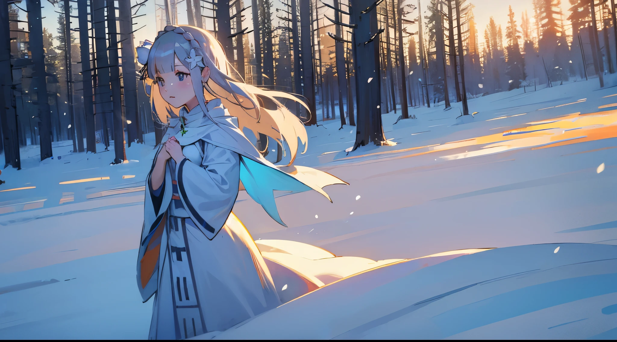 re:zero, forest, detailed, masterpiece, 8k, realistic, emilia, snow, Christmas, sunrise, clouds, spruce, 1girl, hair flower, gray hair, cute