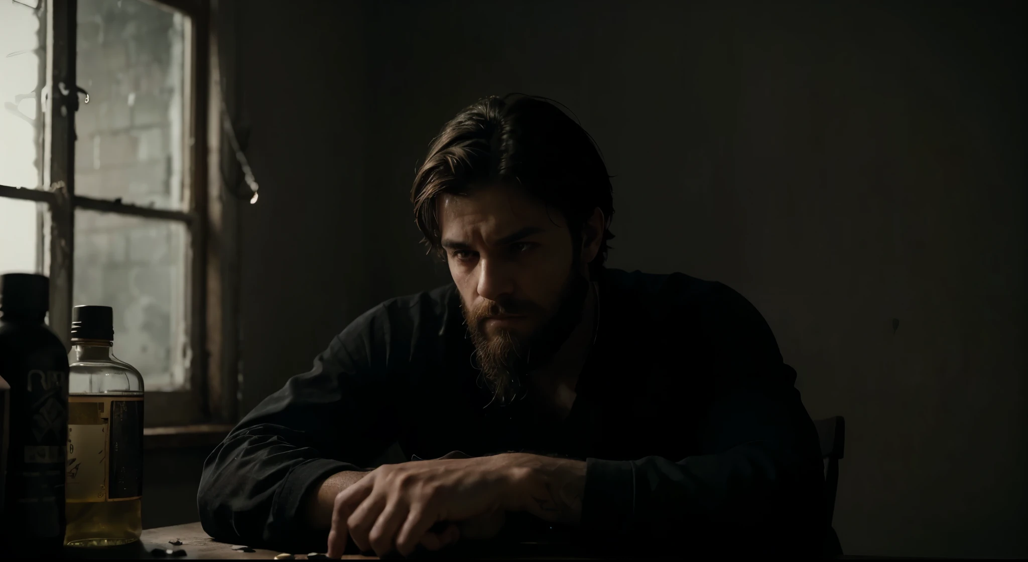 A boy with a beard, sitting in a room, suffering from heartbreak, amid a table filled with numerous drugs. (best quality,ultra-detailed,photorealistmotional portrait,exquisite lighting,sorrowful atmosphere,deep color tones,heavy shadows,gloomy setting,anguished expression,disheveled appearance,dark mood,disoriented state,vibrant contrasts,hauntingly beautiful,meticulous details.