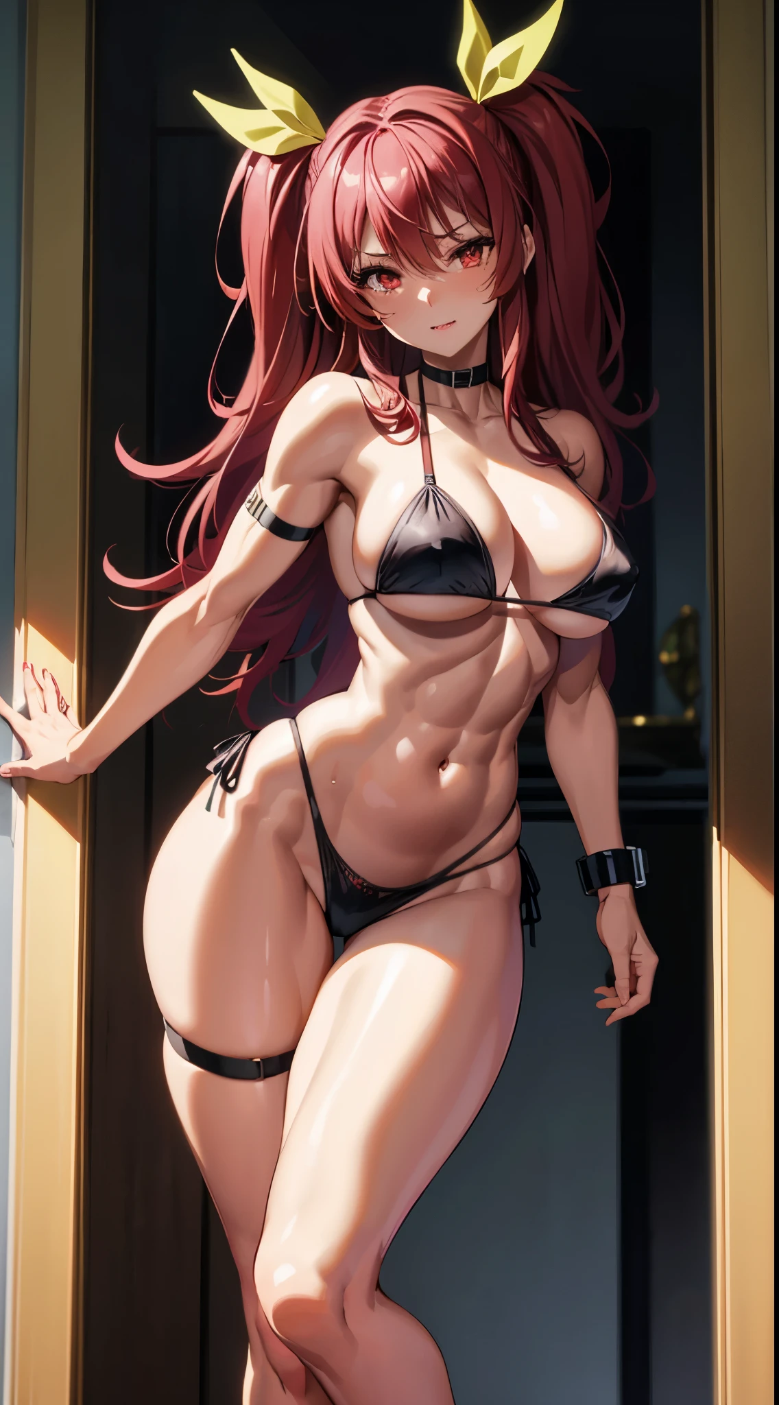 master piece、Top Quality、1 girl in、(Stella Vermillion)、Ligature bracelet、muscular thighs, muscular belly, wide hips, (very thin waist), large breasts, very hard breasts, standing breasts, very hard nipple, ( ((A sexy pose))), wearing red shoes with high heels scene), very hot, well-made hands, red nails, well-made red manicure with lots of details, {{{wearing a well-made bikini, short and very sexy}}}, eye reflection, glowing eyes, (red eyes), lonely, pouting, anime, anime style, cinematic lighting, ray tracing, panorama, Nikon, hard disk, master piece, precise, anatomically correct, skin textured, Super Detail, high quality, best quality, very high resolution, hard disk, 16k