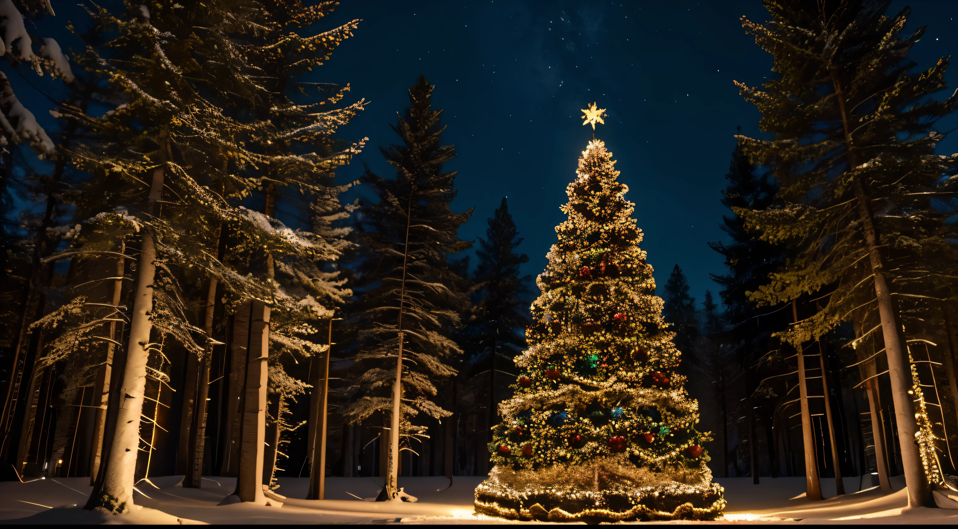 christmas tree, in the woods, snow, north star, night, christmas lights, festive