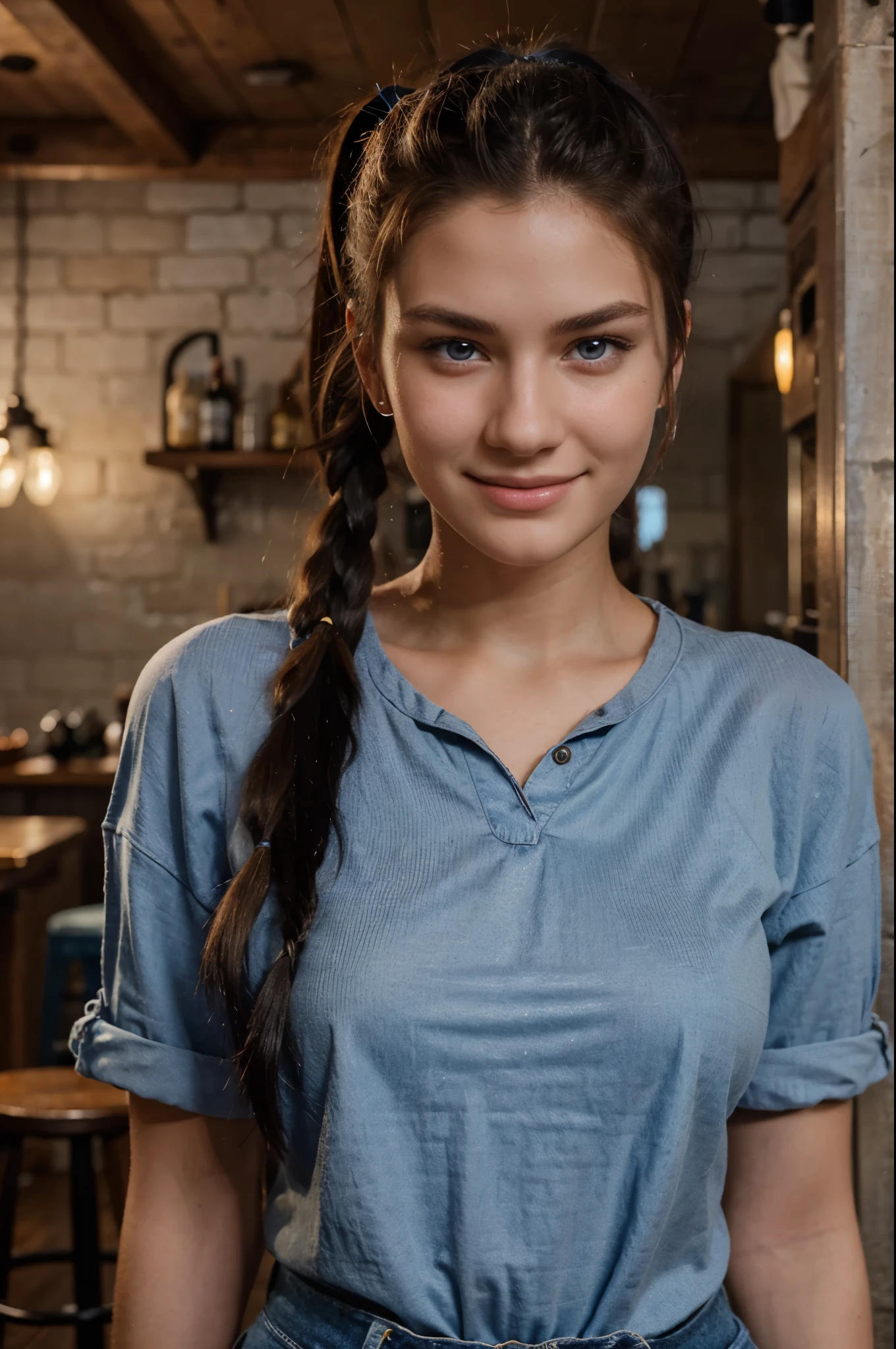 closeup of 19 year old beautiful model, wearing casual outfit, standing in a saloon, black hairs, blue eyes, ponytail hairs, happy face, realistic photography