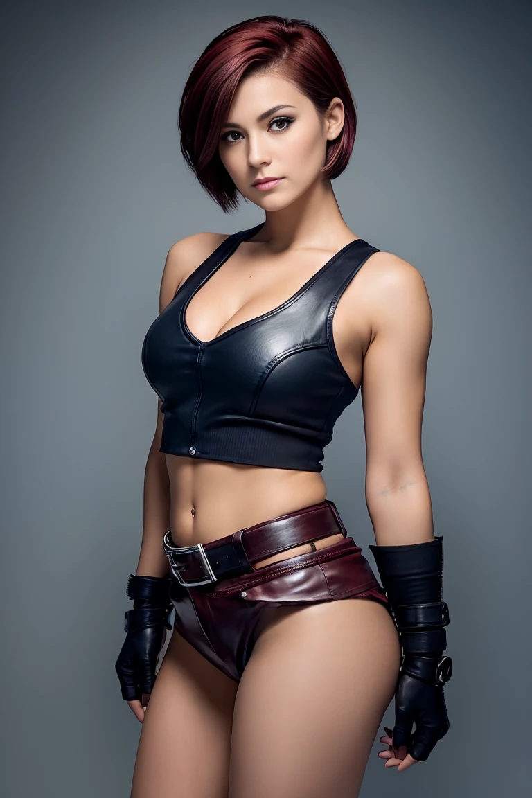 25 year old woman with short undercut burgundy hair dressed in a skimpy sleeveless black police officer cropped blouse with leather miniskirt, cleavage, wearing a pistol on her belt. Blue eyes with eye liner. Neutral background
