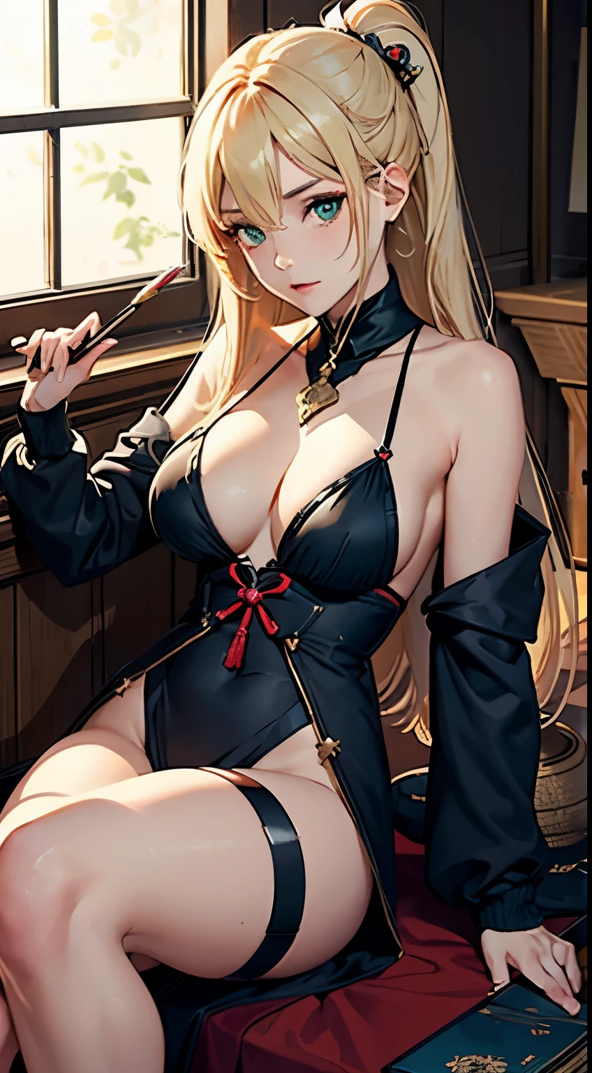 1girl, lying, long blonde hair, wizard, genshin impact style, medium boobs, green liquid, skull, skeleton, hood, golden ornament