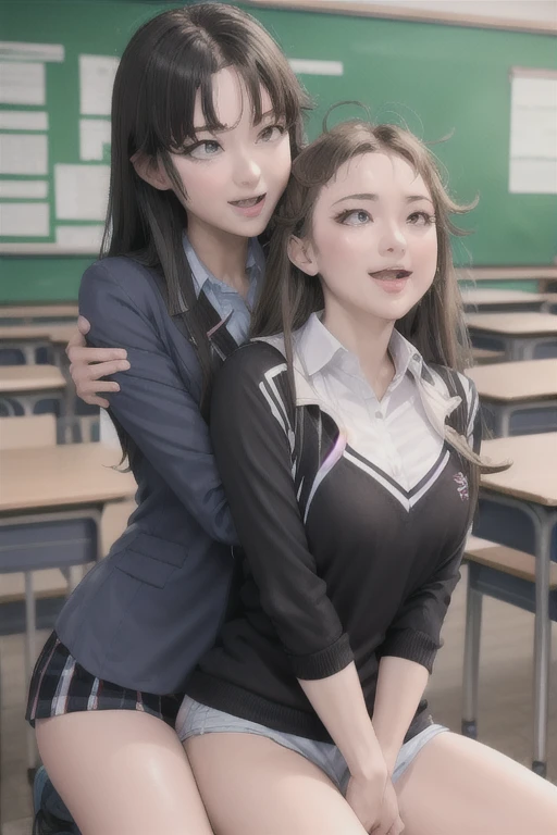 ((Top Quality, 8k, Masterpiece: 1.3)), little girl, uniform, dark blue skirt, ultra-detailed face, detailed lips, detailed eyes, double eyelids, slender figure, white shirt, wet shirt, empty classroom, playful, shiny black pantyhose, exposed breasts, exposed ass, high heels with ankle strap, detailed eyes, leggings, kissing each other, 4K high resolution