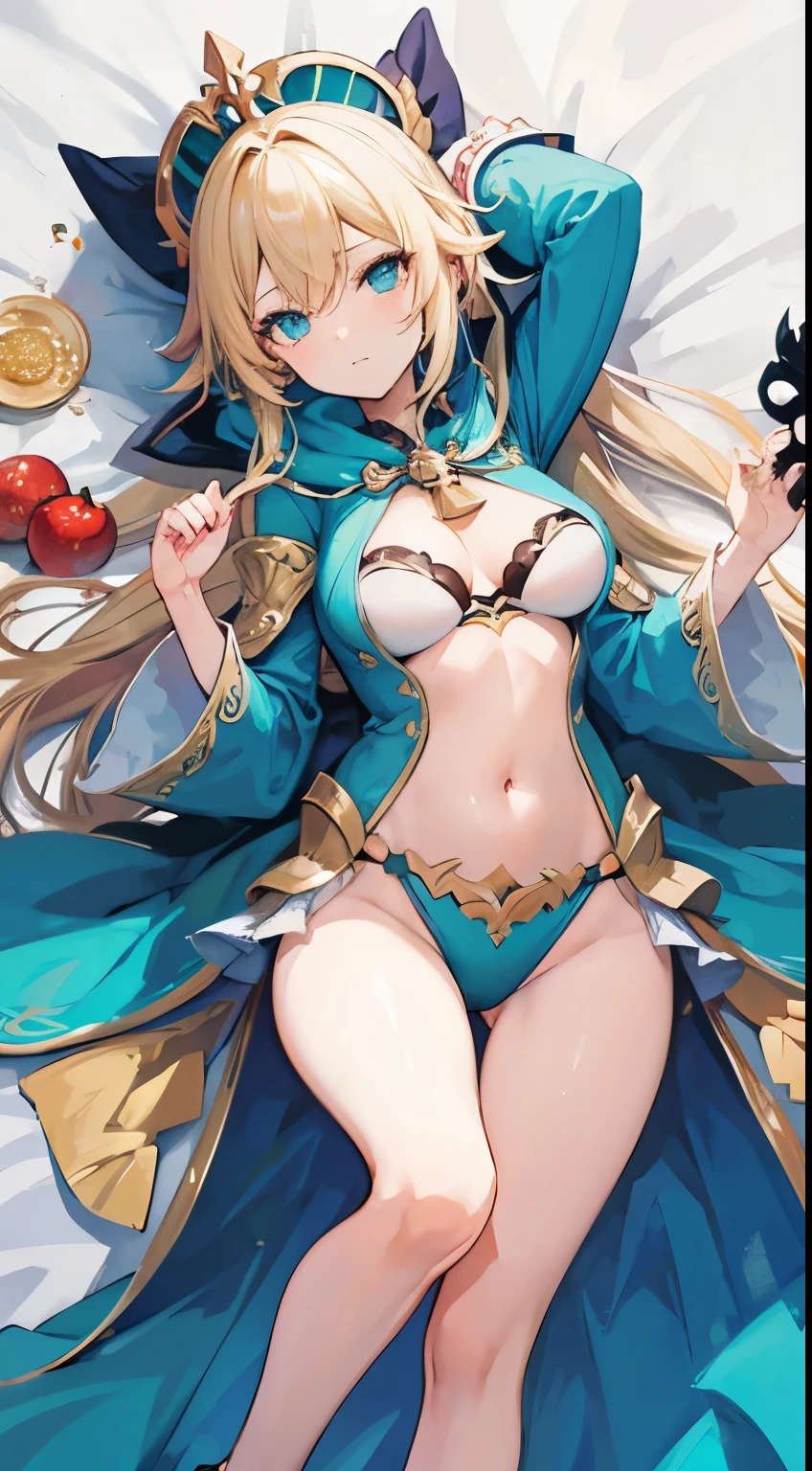 1girl, lying, long blonde hair, wizard, genshin impact style, medium boobs, green liquid, skull, skeleton, hood, golden ornament
