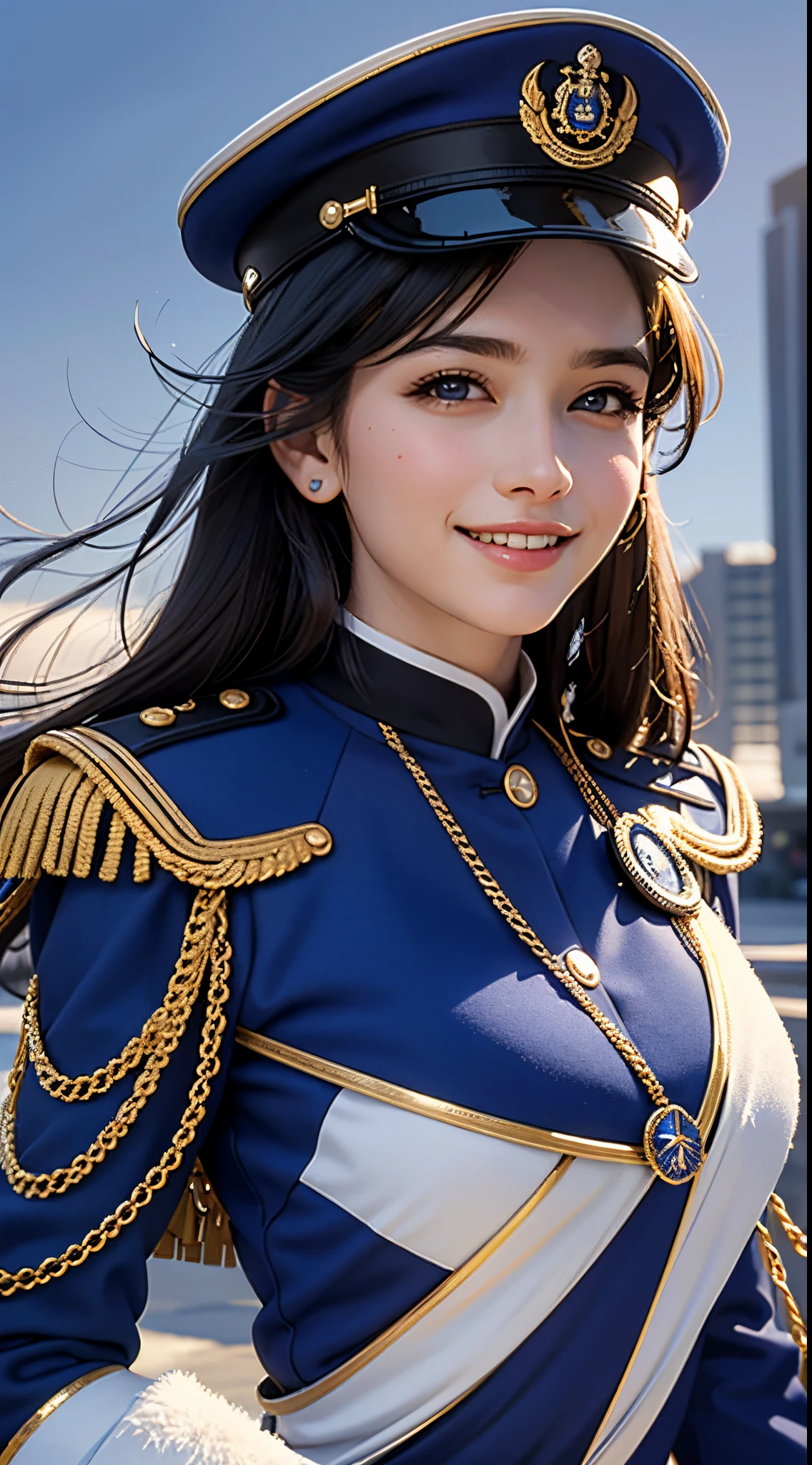 (UHD, retina, masterpiece, ccurate, anatomically correct, textured skin, super detail, high details, high quality, best quality, highres, 1080P, HD, 4K, 8k, 16k), (beautiful detailed eyes, beautiful detailed lips, extremely detailed eyes and face), studio lighting, physically-based rendering, vivid colors, (large breasts, glamorous body), (royal blue color, naval uniform coat, rank insignia:1.5), (peaked cap), business shirt, white gloves, (portrait, shiny hair, shiny skin, blush, hair blowing in the wind), (dusk at the harbor, bokeh), eye reflection, jet black hair, (smile and laugh, tilt your head to the side, from below:1.5), salute,