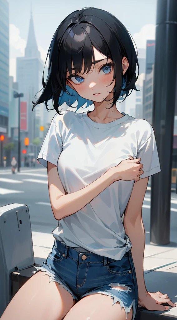 1girl, short black hair, blue eyes, wearing plain white shirt, denim shorts, city, absurdres, high res, ultrasharp, 8K, masterpiece, looking at viewer