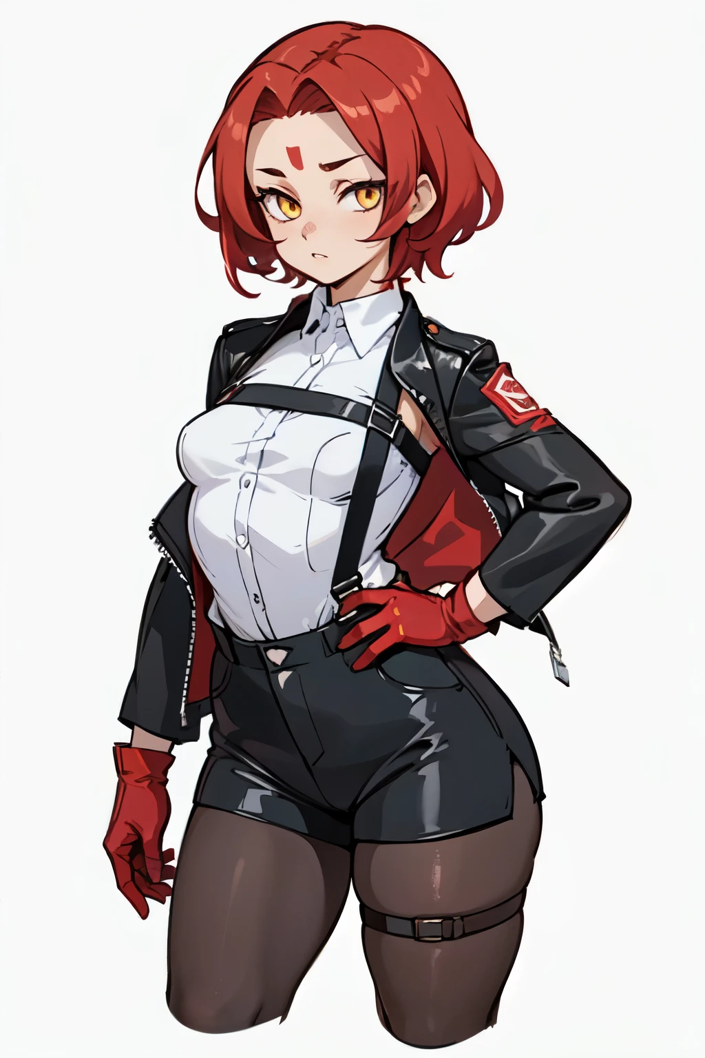 1girl, young woman, solo, short hair, Small hair, (forehead:1.2), yellow eyes, sharp ocular posture, (scarlet red hair), light brown skin tone, Athletic, muscular, medium breasts, (cropped jacket, black jacket), white shirt, collared shirt, (chest harness, shoulder strap:1.15), black leather shorts, 7/8 pantyhose, garter belt, gloves, elegant, looking at viewer, standing, mustard color background, masterpiece, best quality, 4k