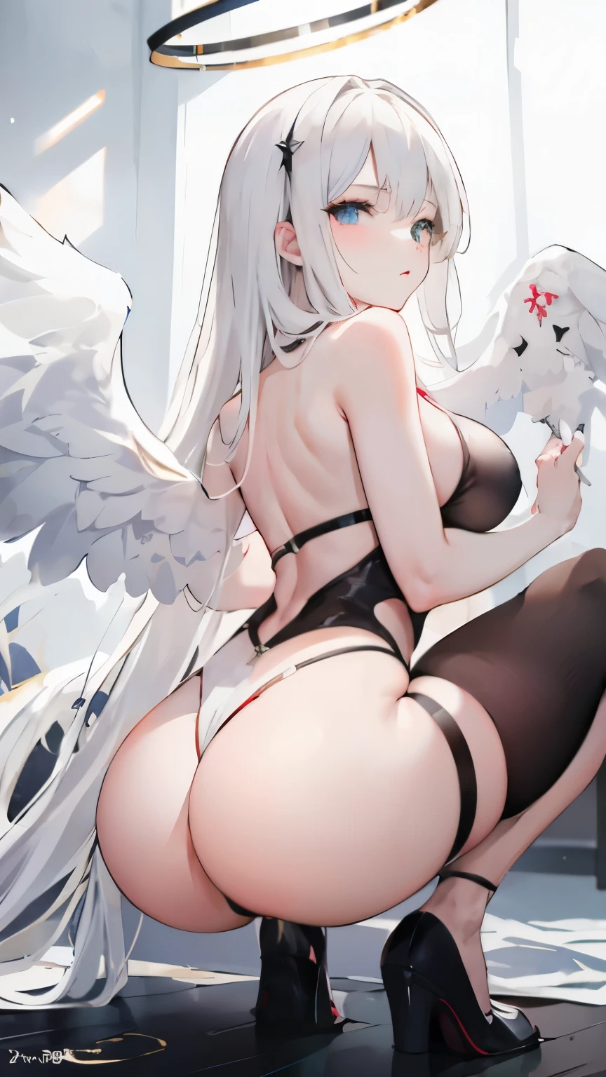 light skin color, white hair color long hair, Bigchest, 1:70, Turn your back to the camera,sexy for,Nero,White wings, angel kneeling, Overhead halo, yellow-eyed, sexy for姿势, Angels, 26 year old, angel mark, enchanted,hyper HD, White hair, eBlue eyes, Mother and daughter.Squat down and open your legs