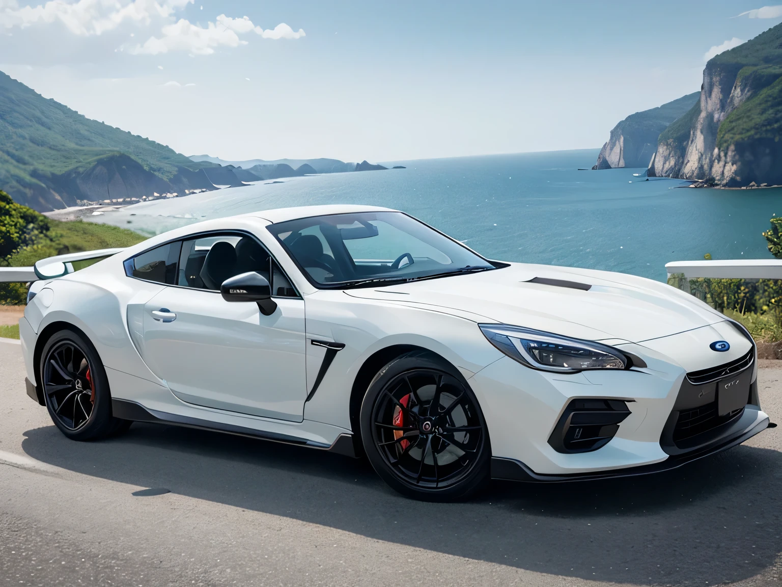 1womanl、Stand next to the car、超A high resolution、An ultra-high picture quality、8K、Wonderful expression with attention to detail、early summer coastline、A white sports car stopped on a mountain road、Subaru、Alcyone 2000GT sports coupe