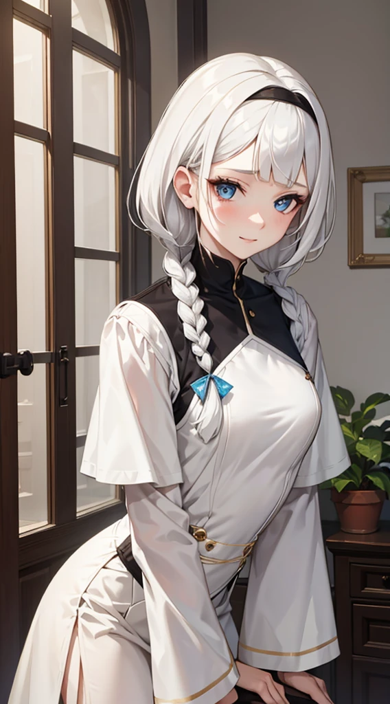 ((thawb)), braid, ((short bangs:1.4)), (white hair), (best quality:1.3), (highres1.3), (clear1.3), (8k:1.3), masterpiece, (detailed:1.1), 1girl, beautiful detailed eyes, beautiful detailed lips, extremely detailed eyes and face, long eyelashes,, blue eyes, shy smile, perfect proportion, face close up,