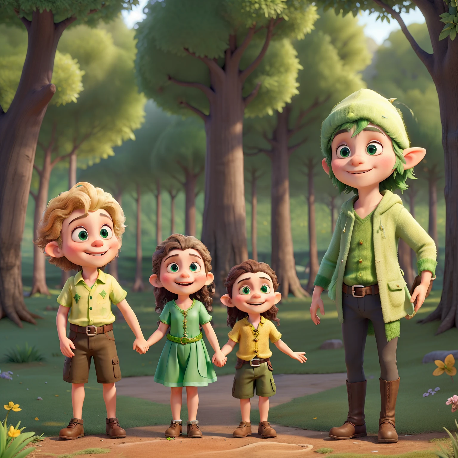 tornar ele um elfo brilhoso com orelhas bem pontudas, green clothing characteristic of elves from the magical world