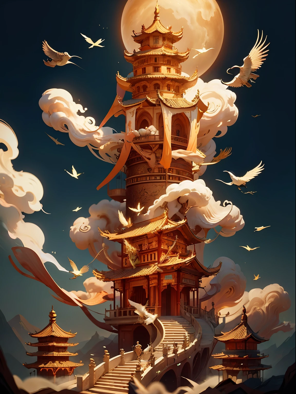 There is a bird sitting on the table in the sky, Chinese hyper reality, chinese fantasy, flying cloud castle, Lying on the throne of fantasy land, tall golden heavenly gates, surreal concept art, digital painting of a pagoda, feng zhu |, Cloud Palace, inspired by Brian Despain, author：Qu Leilei, author：Julian