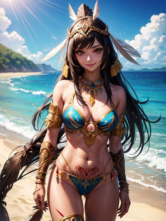 masterpiece, best quality, kayna, headdress, feathers, tribal, bikini armor, vambraces, tattoo, bodypaint, standing, looking at viewer, upper body, smile, beach, sky, clouds