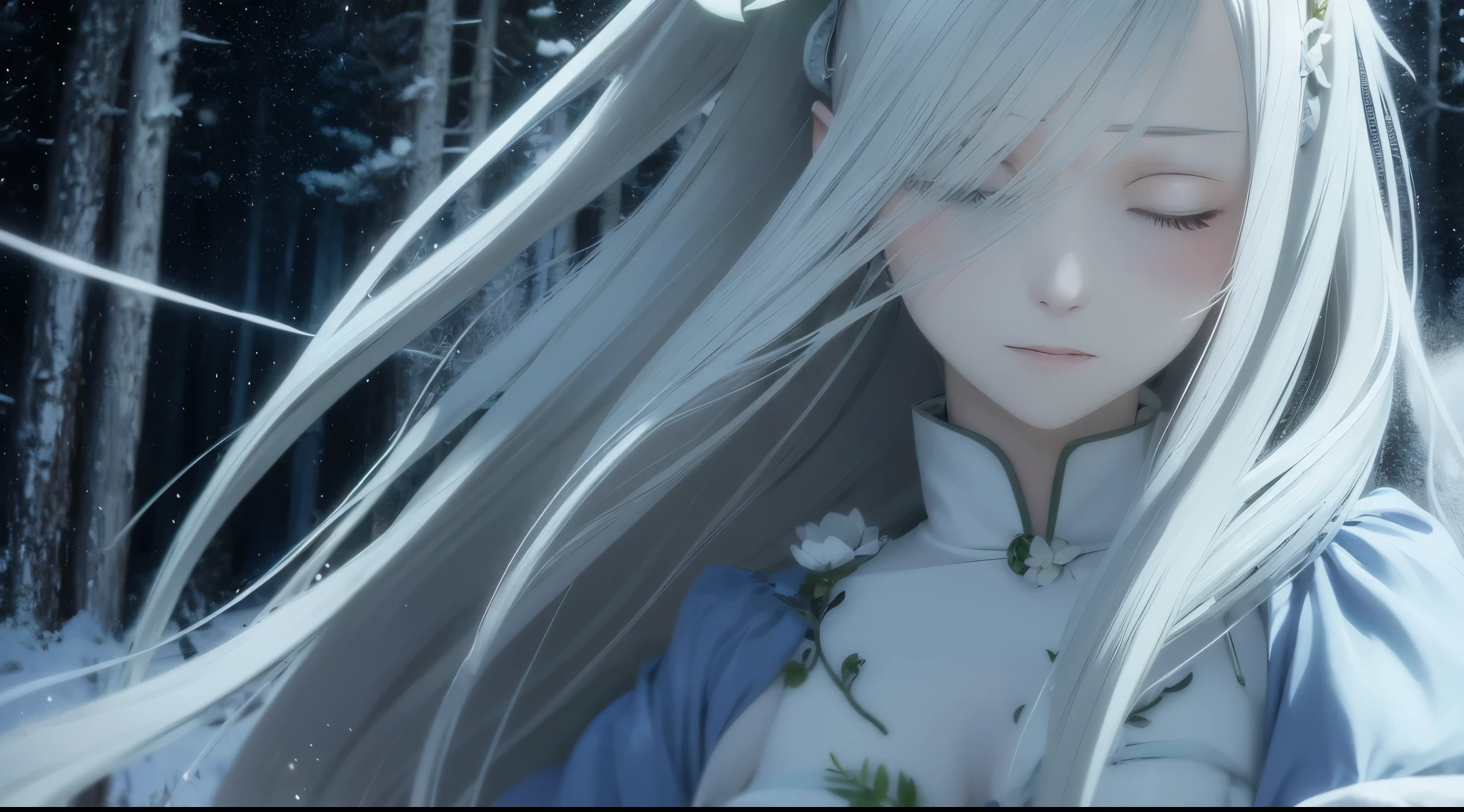 re:zero, (spruce forest), emilia, gray hair, hair flower, (hair fluttering in the wind), masterpiece, amazing, 8k, detailed, snow