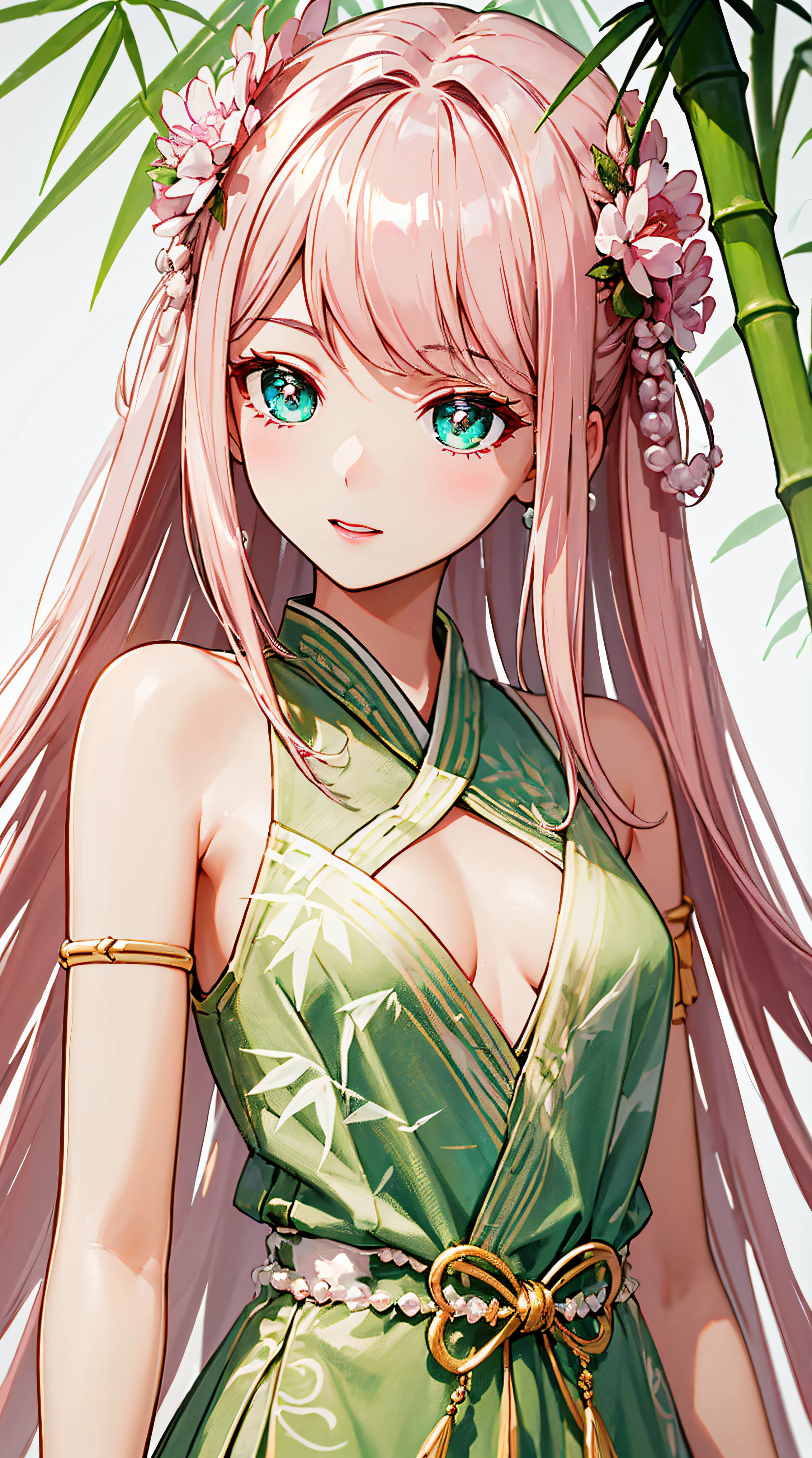 (((Pearl pink hair,Beautiful bamboo forest with emerald eyes:1.2,))))((beautiful big breasts and big breasts detailed,Intricate damask hanfu,))(the face红), (Geometric:1.1), ((1个Giant Breast Girl,Amazing Cleavage,cute female ,Alone,Bust photo,))(tmasterpiece,Best quality at best, offcial art, Beautiful big breasts and big breasts aesthetic:1.2),(16k,k hd,HRS),((A sagging breast,little breast)),(physically-based renderingt),Focus sharp, (((highdetailskin,))),Costume details are intricate，Delicate pupils,((((shinny hair|Detailed pubic hair头发|Half bangs|long whitr hair)))),Elongated,(tmasterpiece侧光),(The sheen),(beautiful hairl,Beautiful eyelur background,bokeh:45mm)),((exceedingly_Detailed pubic hair_The eye_big breasts and big breasts_the face)),Movie Girl,(dynamicposes: 1.2),outstanding