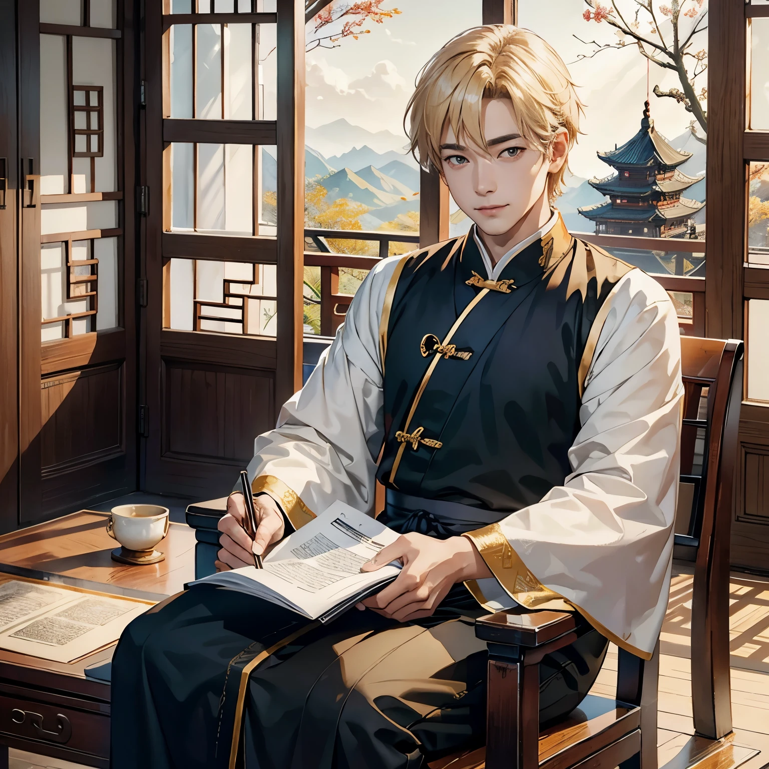 中年male people，male people，，Old，Kind，8K，A high resolution，tmasterpiece，highest  quality，Horizontal chart，One guy，Light hair，Light short hair，class的，ssmile，淡robe，淡robe，Gold accents，Hold the scroll，手里Hold the scroll，robe，Wide sleeves，seated on wooden chair，class，Chinese style，Chinese style背景，background of China，Study table，looking at viewert