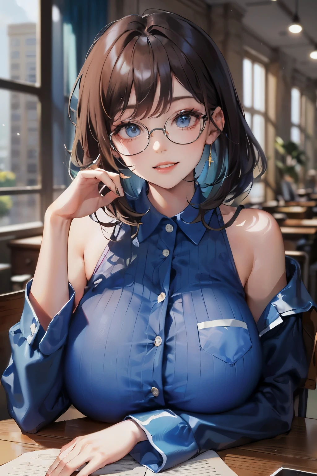 (masterpiece:1.2, best quality), (1lady, solo, upper body:1.2), clothing: loose-fitting, comfortable pajamas Accessories, detailed the hand, Hair: Short dark blue shoulder-length hair Makeup: natural, glowing skin, behaviocing the table, sitting at the table, smiling location: study, study desk, blue eyes, huge breasts, wearing a glasses