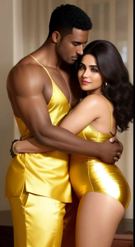 1 muscular very hary, handsome and attractive African man with sexy Indian married woman bit chubby wearing a sexy golden satin nighty. Both are hugging pose and there body is toward s the camera which is front. The woman is in front and the man is behind her. The woman is to the left side of the man. The man is hugging the woman from behind. The woman is standing on the left side of the man. In office. Hyper realistic image detail image. woman standing on left of the man with her navel visible