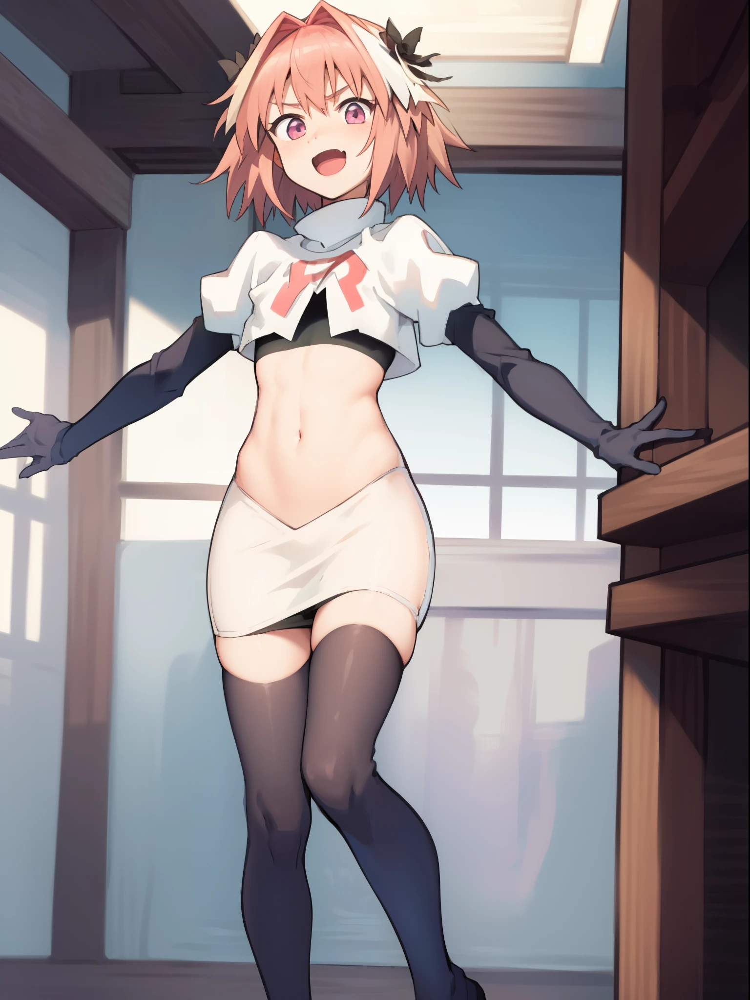 absurdres, masterpiece, best quality, (astolfo fate:1.2155), 1boy, male focus, trap, pink multicolored hair, pink hair, white hair, hair intakes, long hair, pink detailed eyes, crossdressing,1boy, team rocket,team rocket uniform, red letter R, white skirt,white crop top,black thigh-highs,black elbow gloves