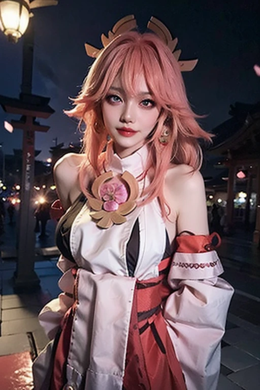 1girl, (ulzzang- 6500:0.725), K-pop idol, yae miko, split sleeves, strapless, (sideboob: 1.45), pink hair, long hair, Japanese clothing, best quality, (photostyles:1.2), (hair ornament: 1.35), jewelry, purple eyes, earrings, big boobs, torii, cherry blossom, lantern light, depth of field, depth of field, Detailed face, facial focus, bodystocking, ribbon_trim, white skirt, white skirt, white skirt, (looking viewer: 1.25), unconventional witch, shiny skin, long sleeves, smile, thick lips, game cg, stockings, ( breasts: 1.25), hands on lips, East Asian architecture, blurred background, full body, behind arms,