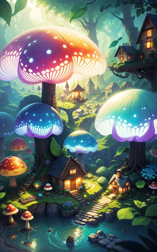 World in a bottle,A fairyland-like hideaway,Colorful mushroom house,a fairy world,summer day,beachside,rios,tree house,Sunflower fields,lavender,mountain ranges,mountain peakig trees,a small medieval village, Italy, vila, Medieval town, medieval village, fantasy italy, quaint village, italian masterpiece, medieval coastal village, medieval town landscape、Cobblestone road、View from the street、Behold the